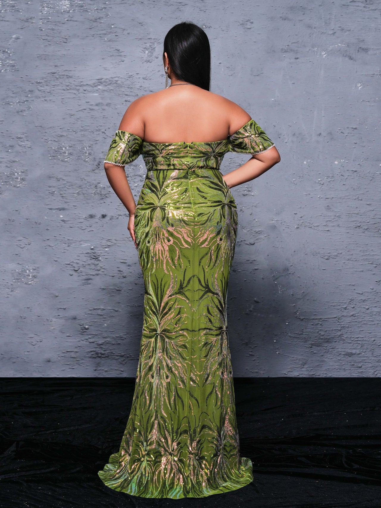 Plus Off Shoulder Florid Mermaid Sequin Dress