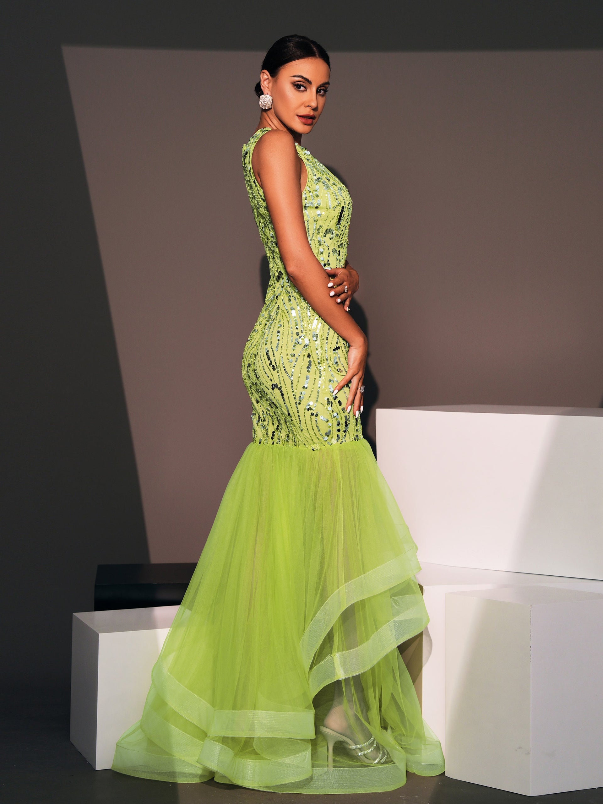 Sequin Panel Bodycon Gown Dress