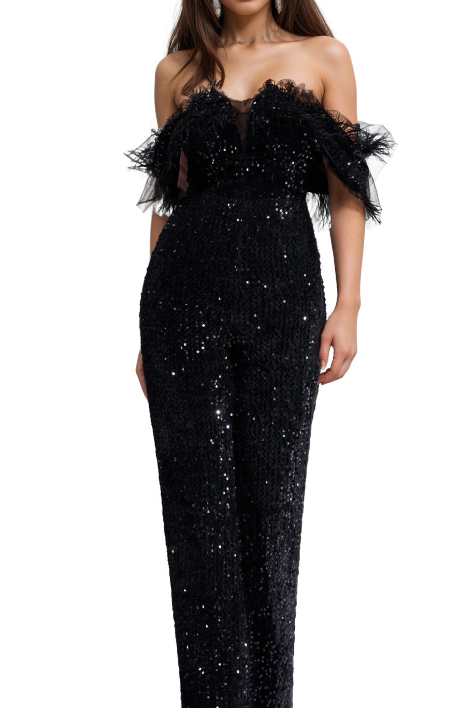 off-shoulder sequin jumpsuit in black