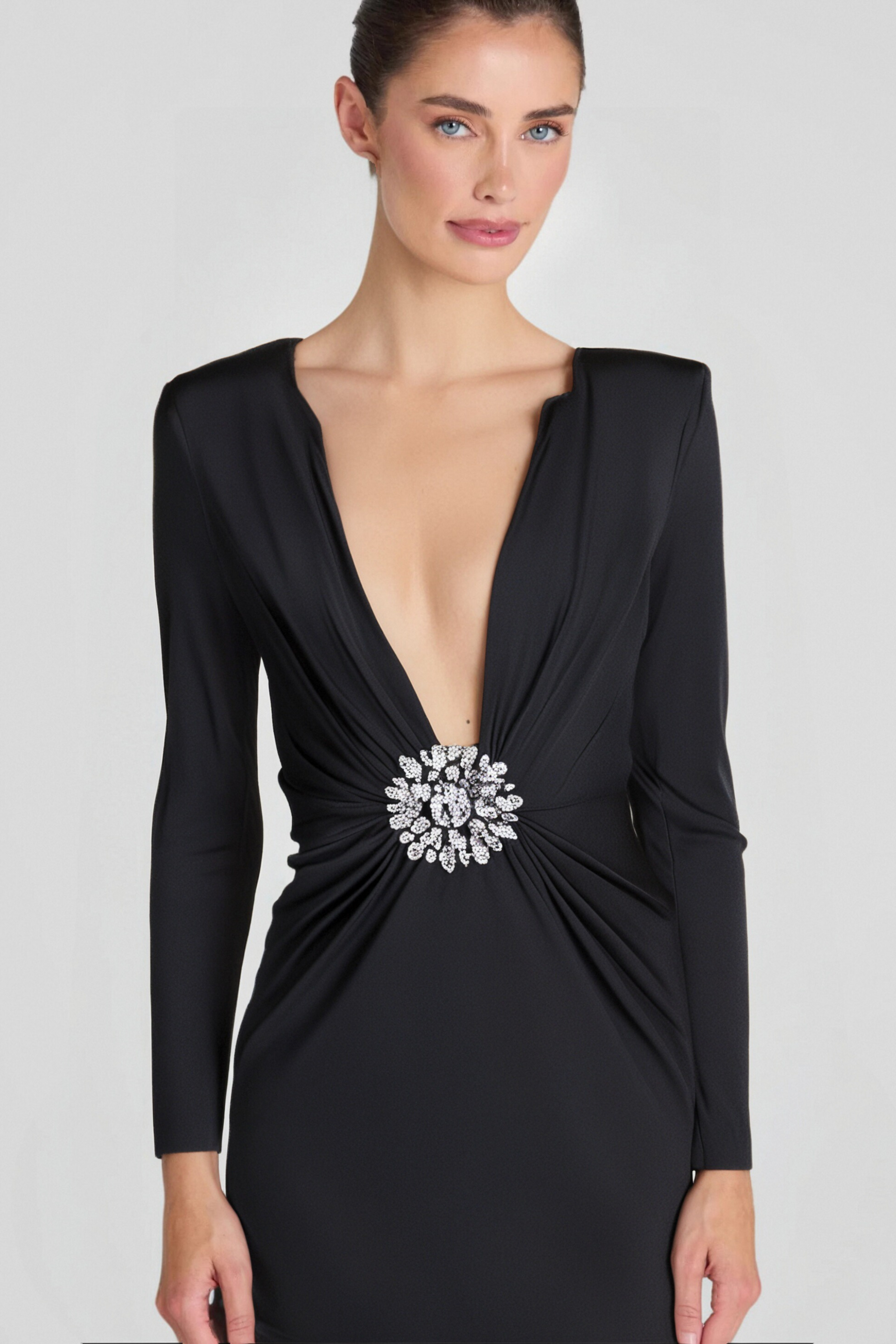 BERNICE LONG SLEEVE DRAPED EMBELLISHED MAXI DRESS IN BLACK