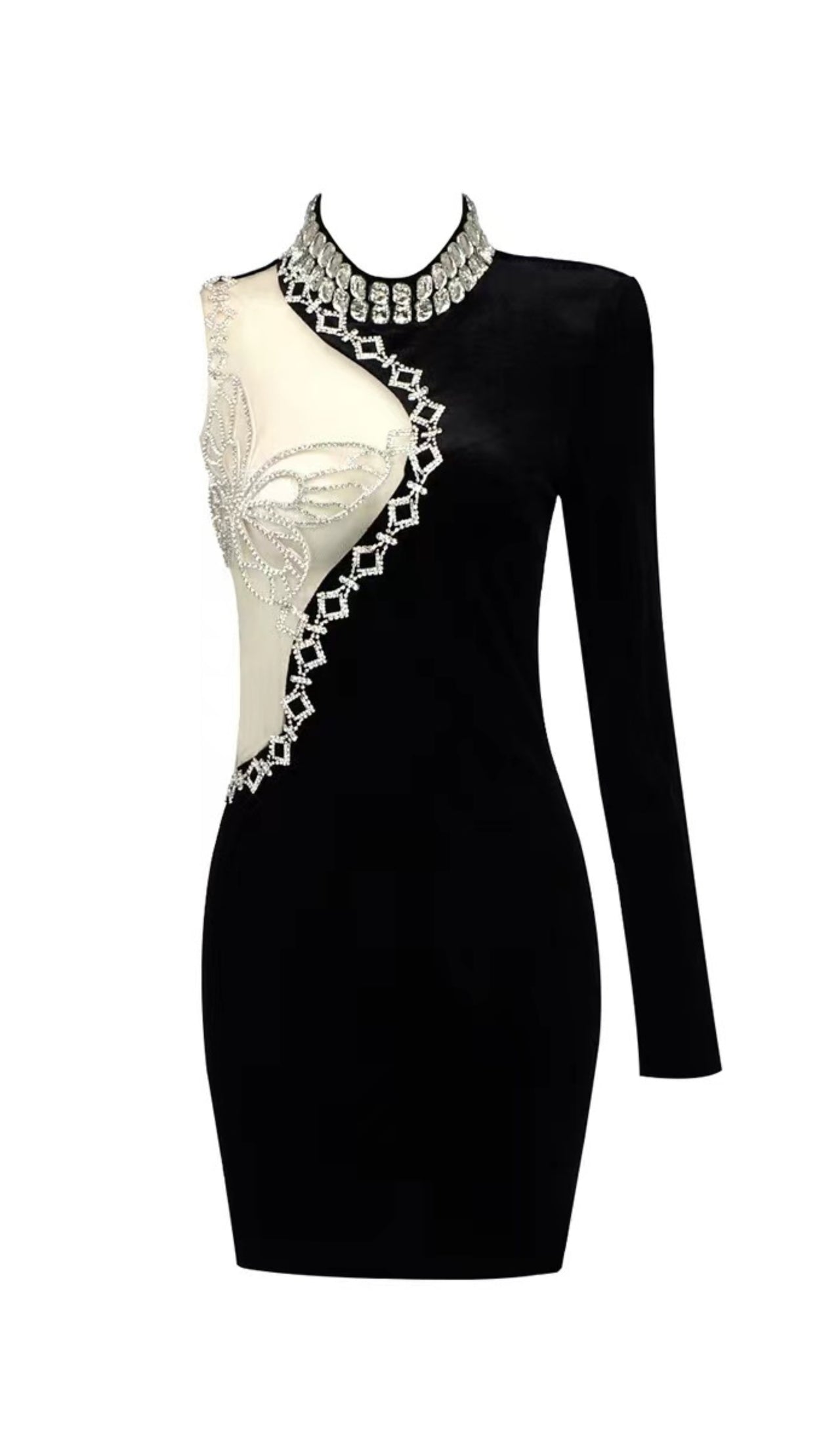 ONE SHOULDER BUTTERFLY CRYSTAL VELVET DRESS