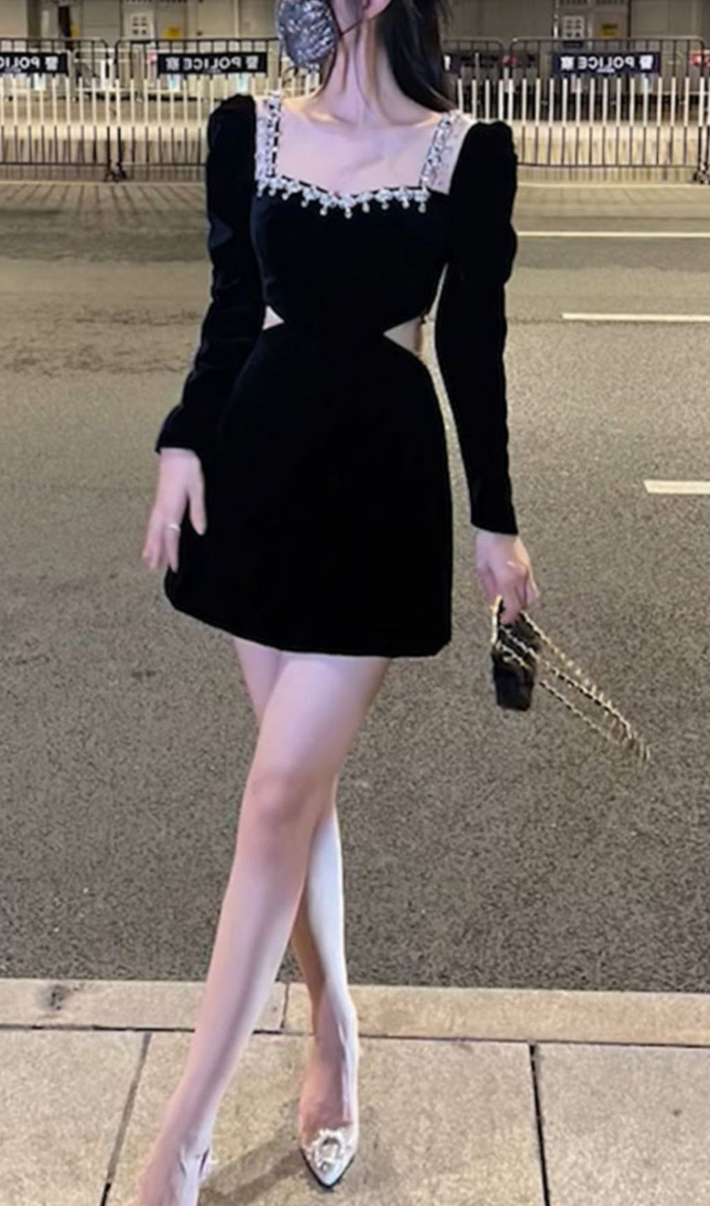 SQUARE NECK LONG SLEEVE VELVET MINI DRESS IN BLACK