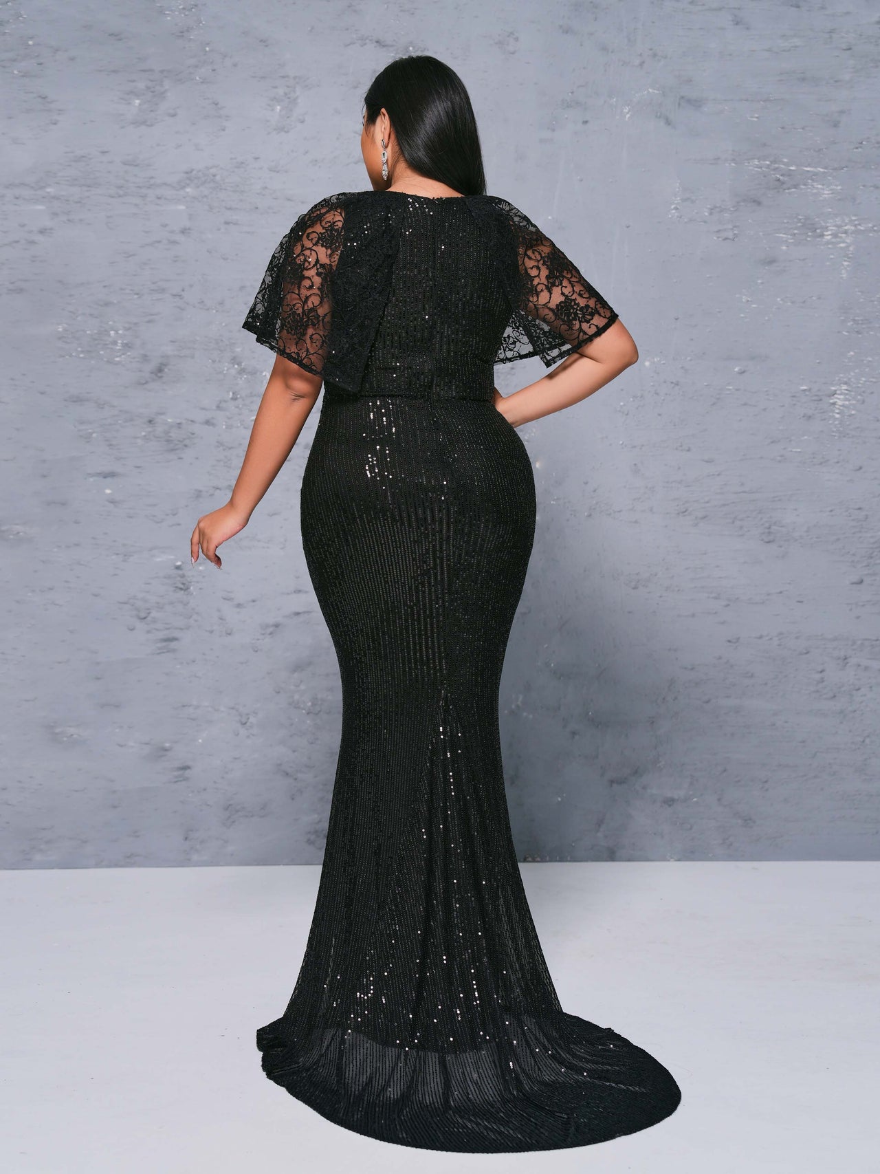 Plus Tulle Panel Sequin Mermaid Dress