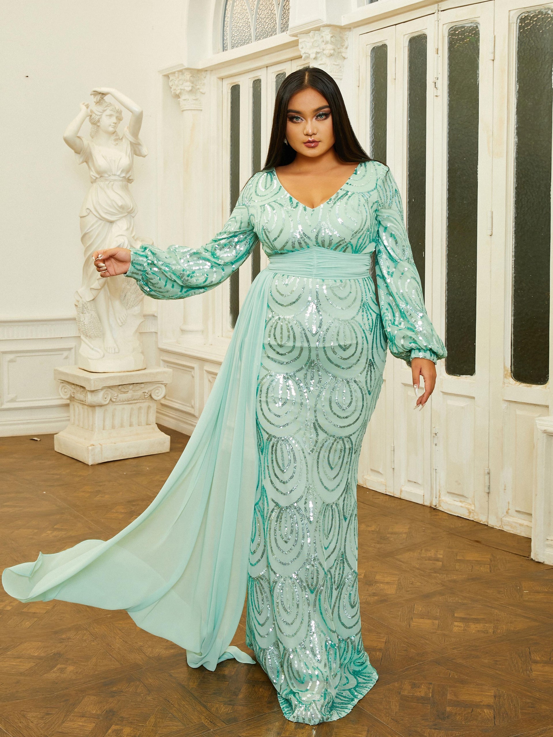 Formal Draping Sequin Long Sleeve Dress