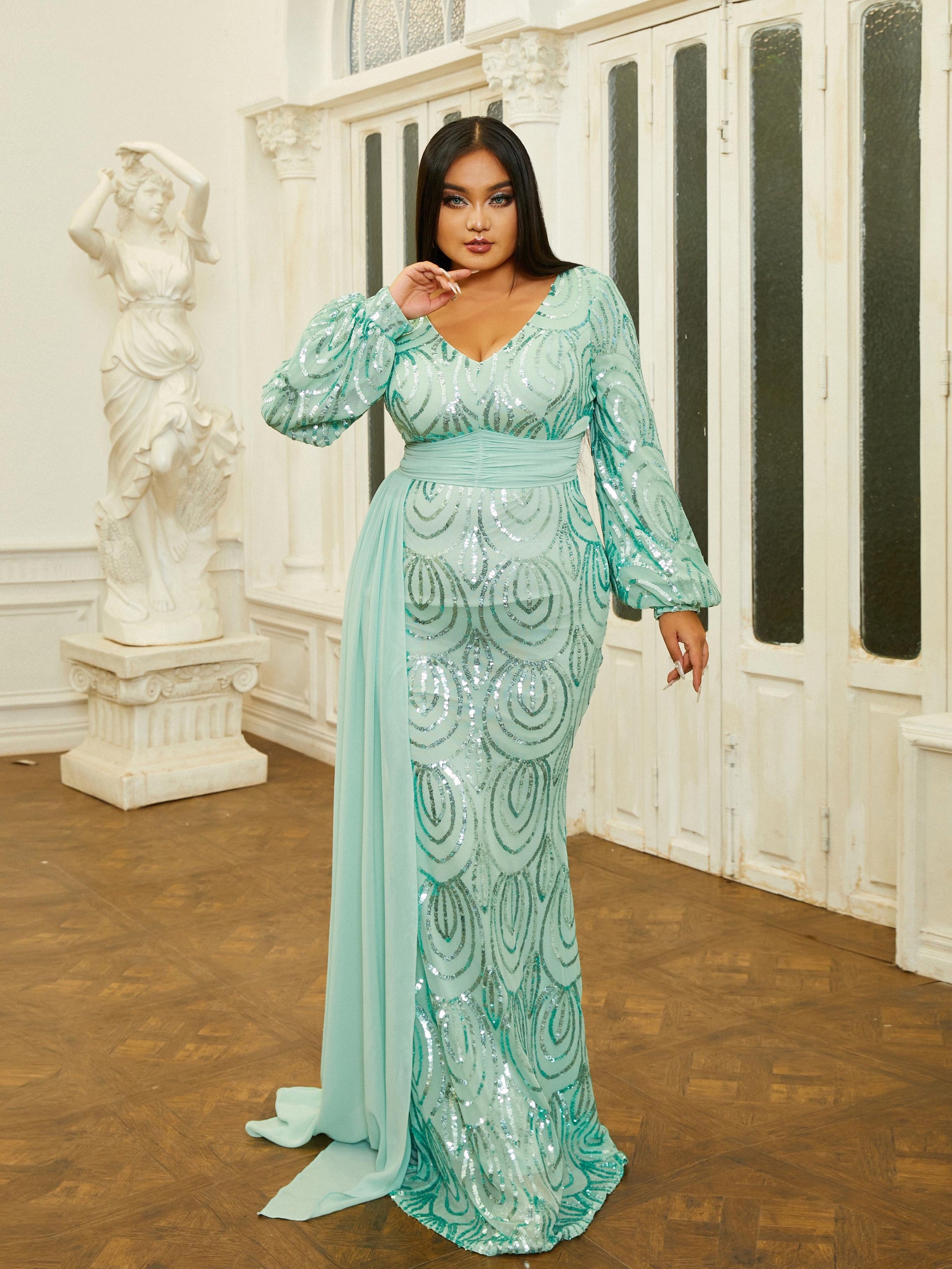 Formal Draping Sequin Long Sleeve Dress