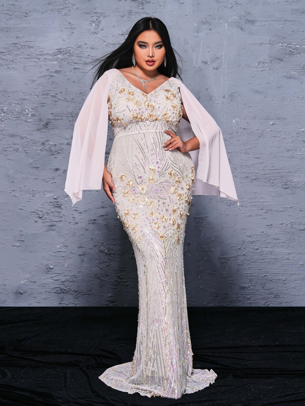 Plus V-neck Floral Sequin Mermaid Dress