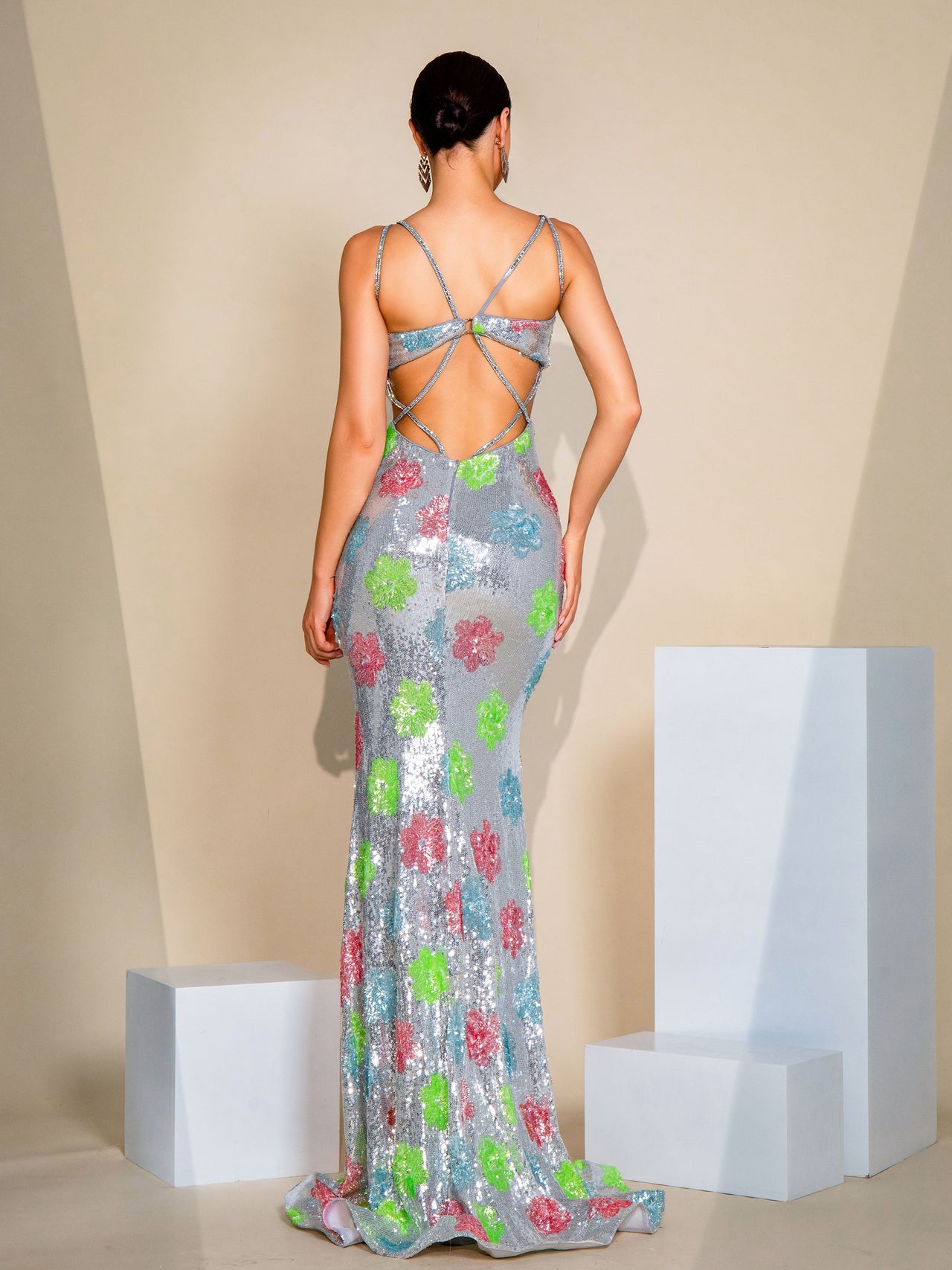Spaghetti Floral Sequin Split Prom Dress