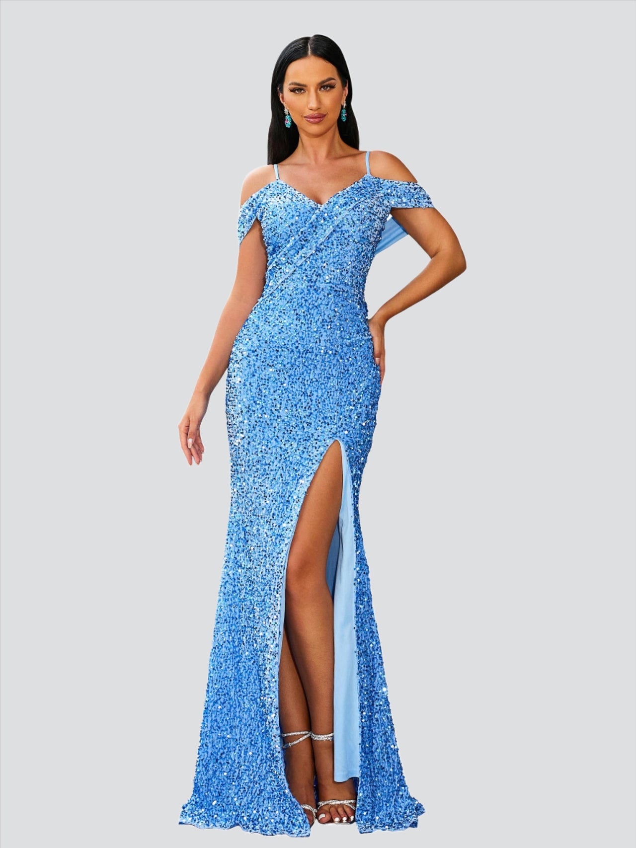 Cold Shoulder Blue Sequin Evening Dress