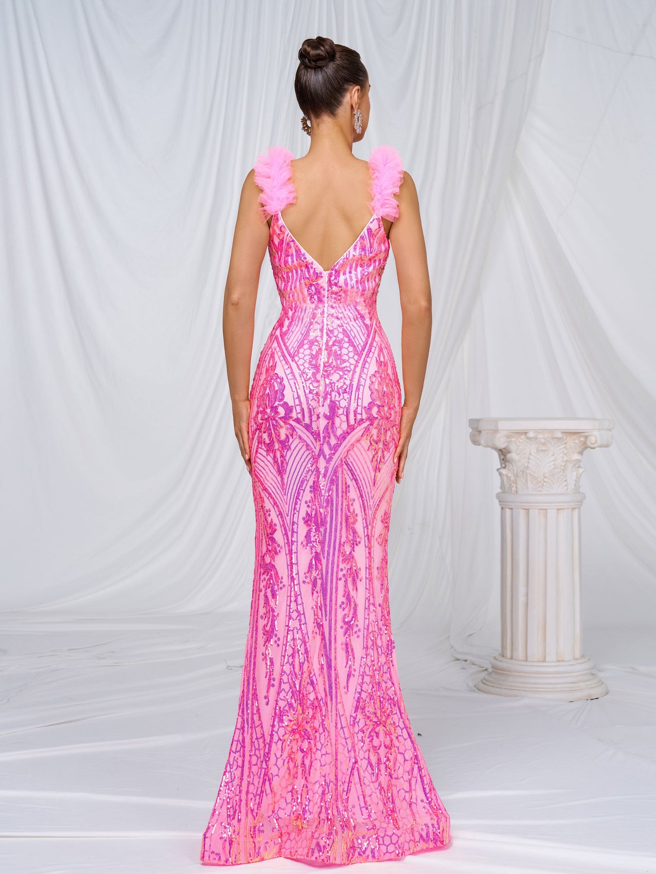 Mesh Straps Pink Sequin Maxi Dress