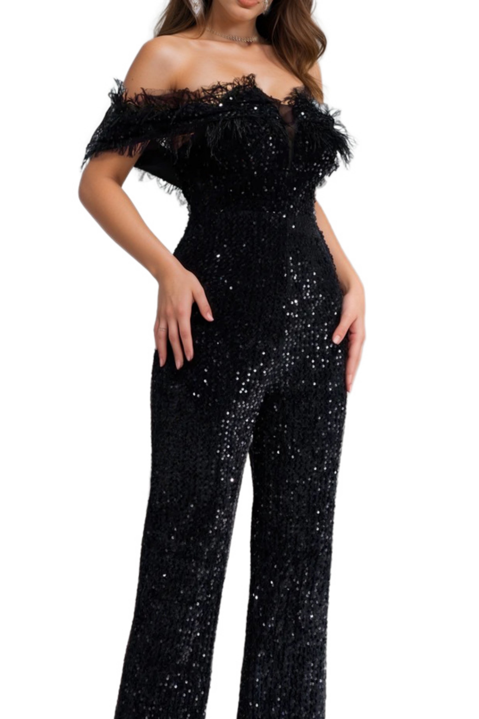off-shoulder sequin jumpsuit in black