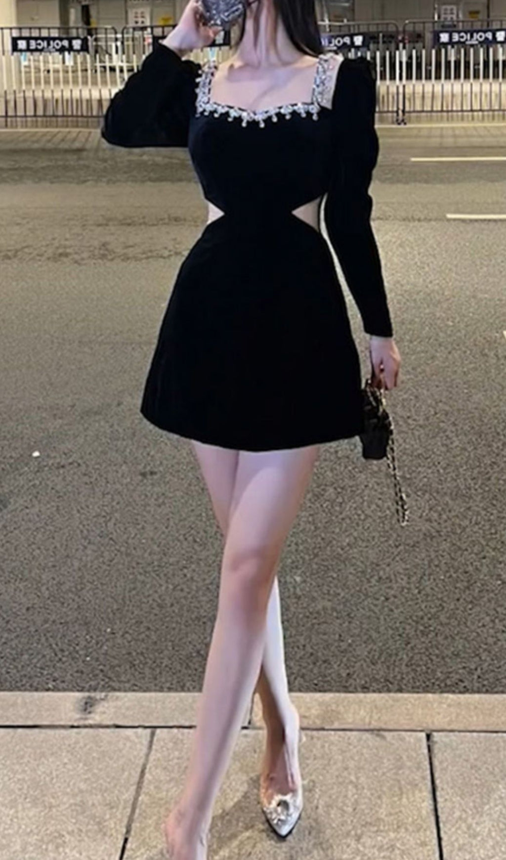 SQUARE NECK LONG SLEEVE VELVET MINI DRESS IN BLACK