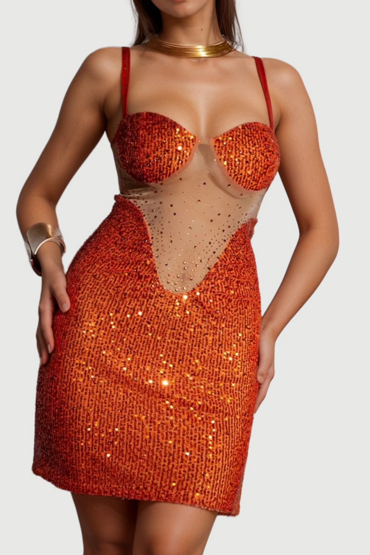 SOPHIA ORANGE SPAGHETTI SEQUIN MINI DRESS