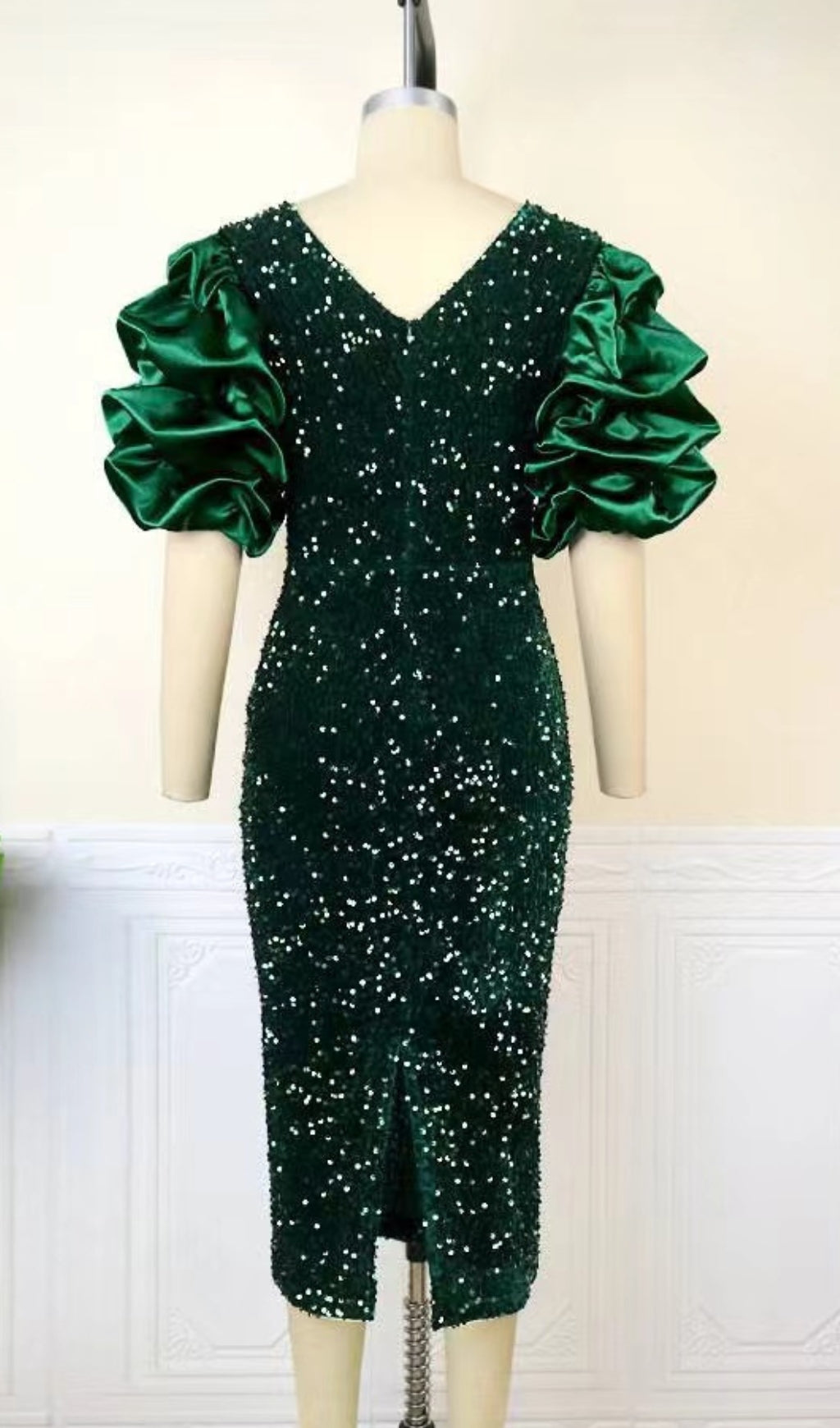 Puff-Sleeve Sequin Mini Dress In Green