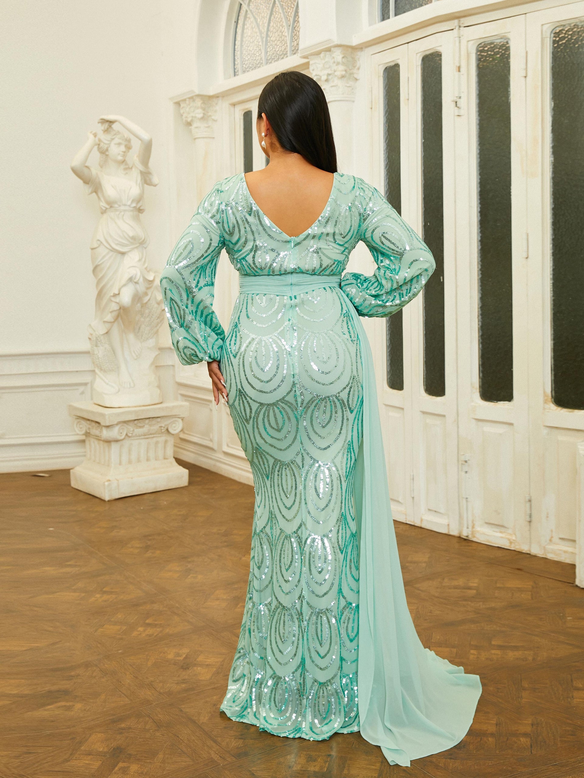 Formal Draping Sequin Long Sleeve Dress