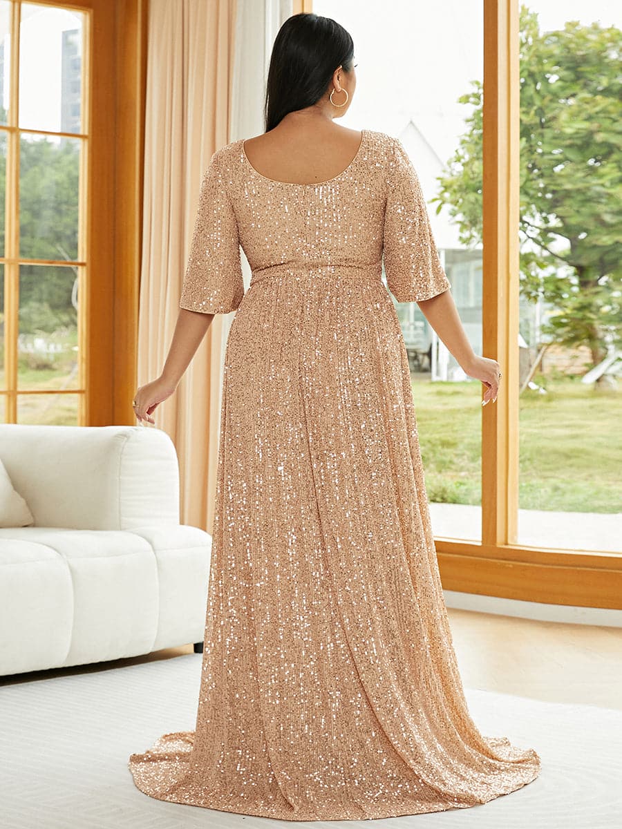 Plus V Neck Sequin Apricot Evening Dress