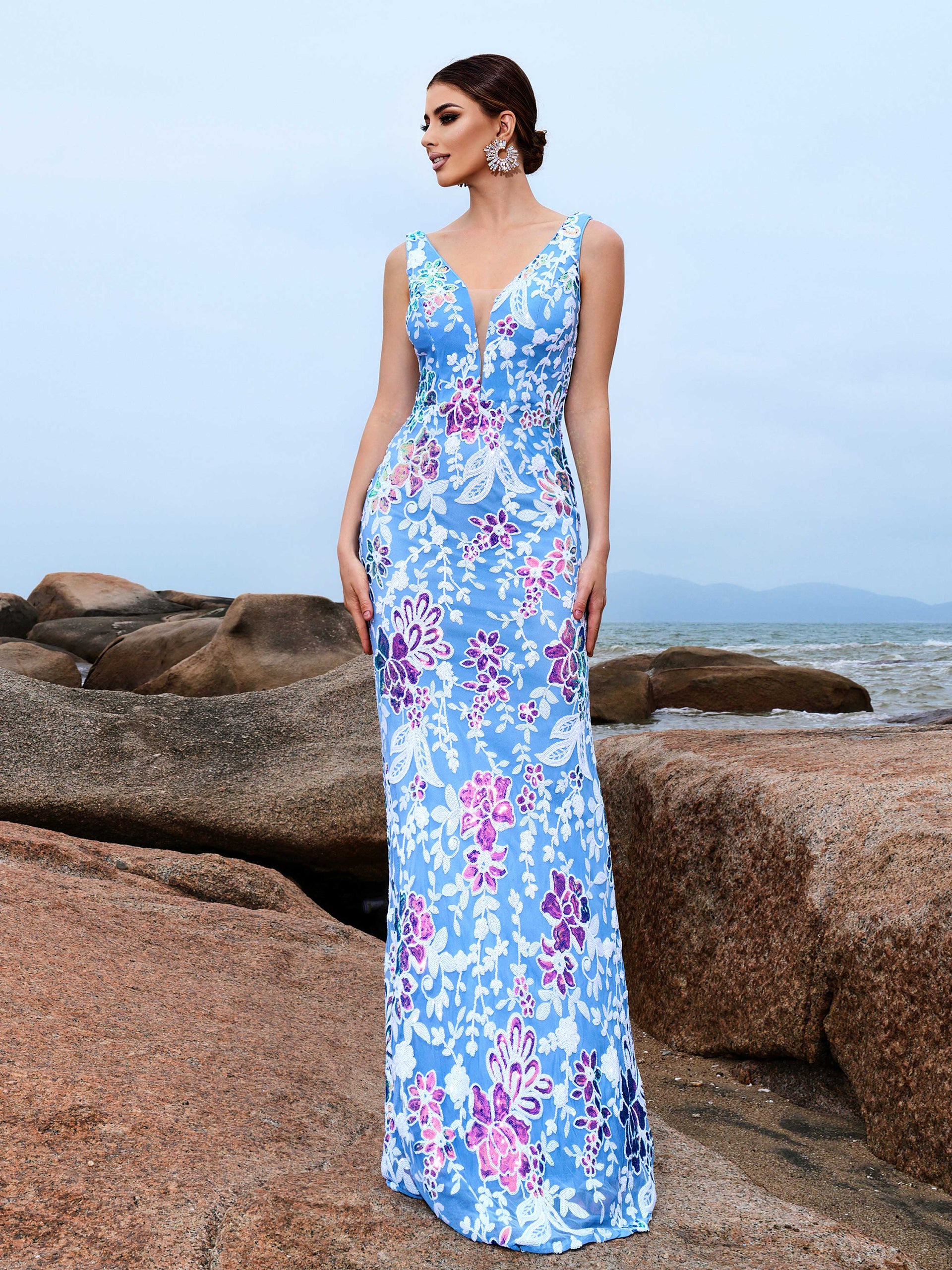 V-neck Blue Floral Sequin Maxi Dress