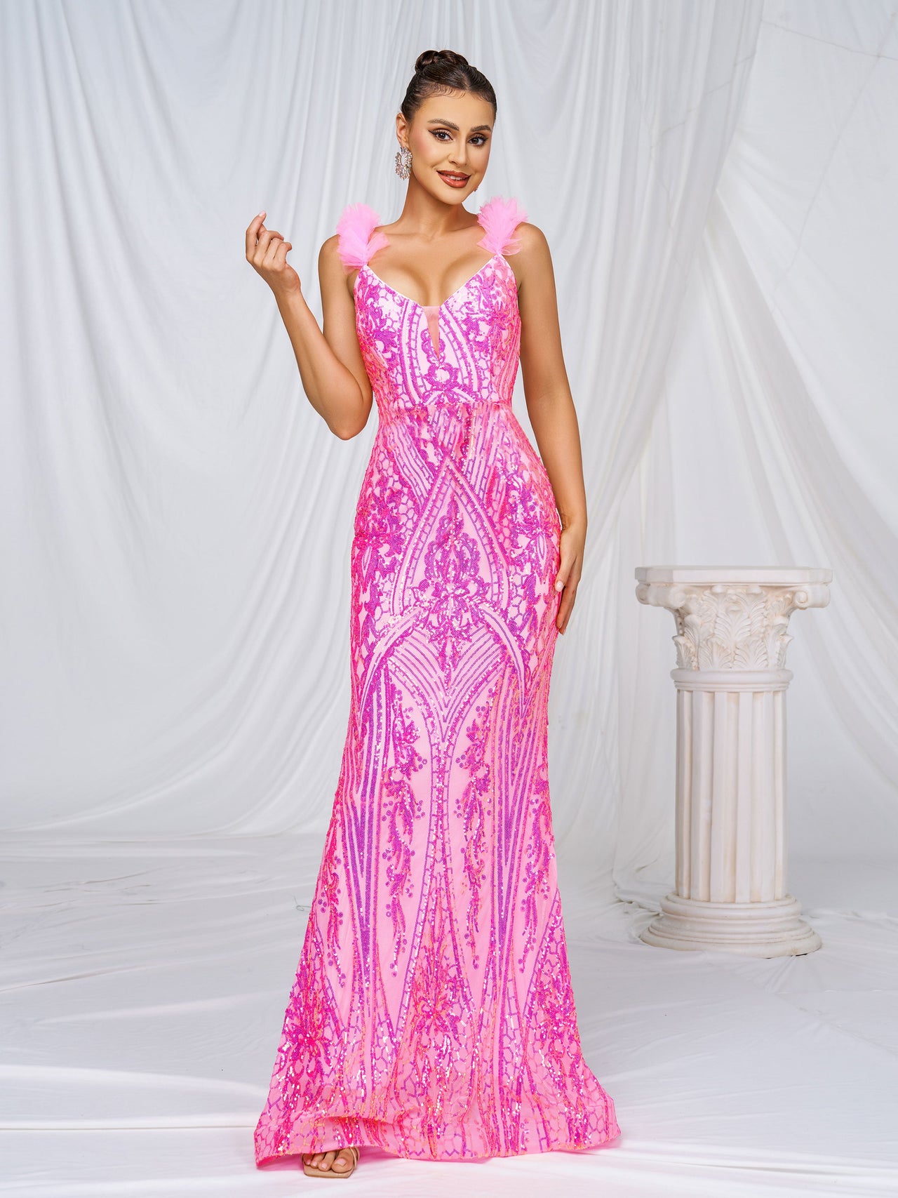 Mesh Straps Pink Sequin Maxi Dress