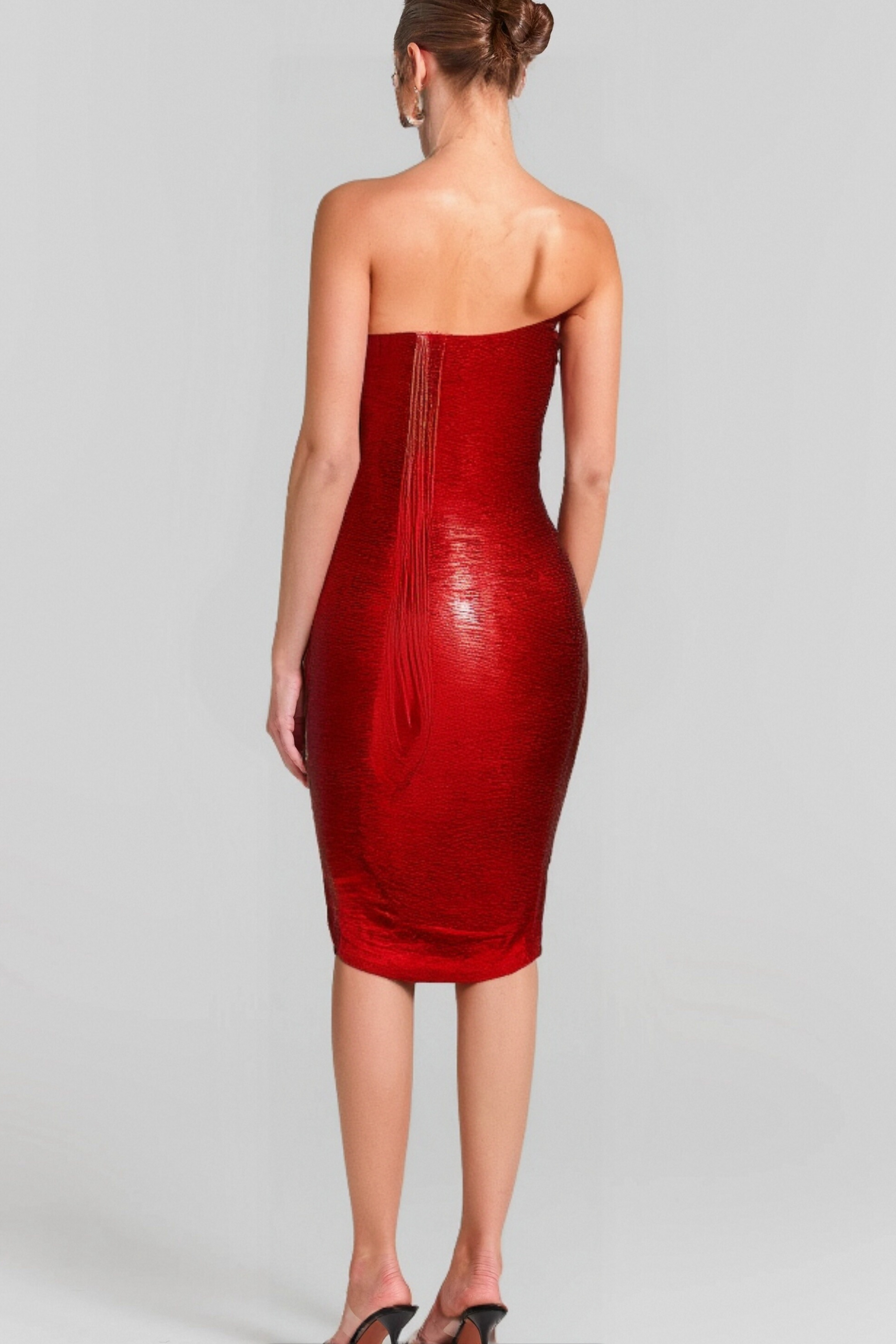 NECK METALLIC BANDAGE DRESS - RED
