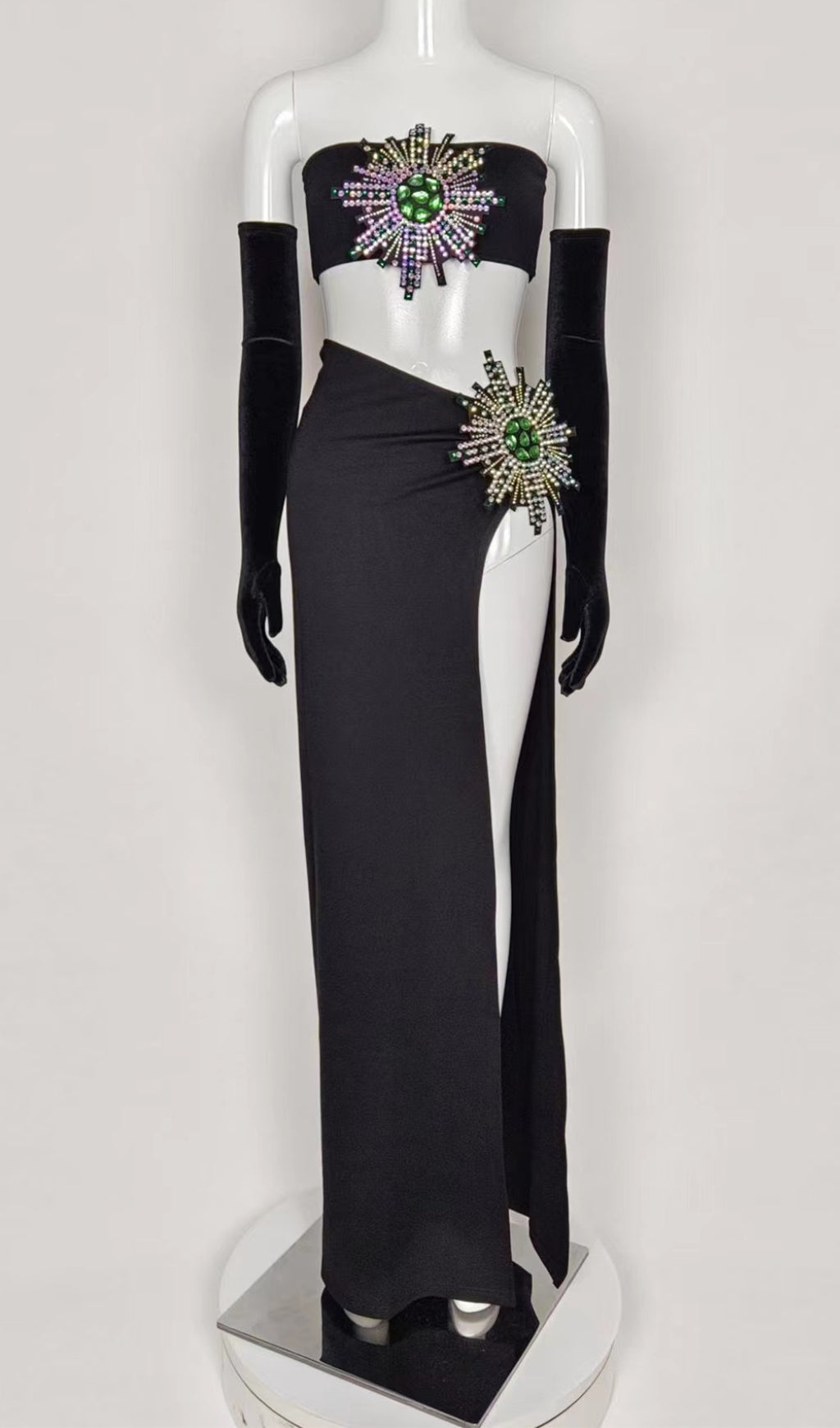 RHINESTONE HIGH SPLIT SKIRT SET WITH GLOVES