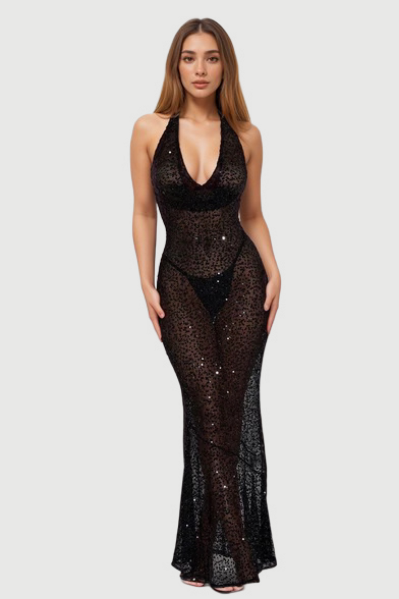 BARBARA HALTER SEQUIN MAXI DRESS IN BLACK