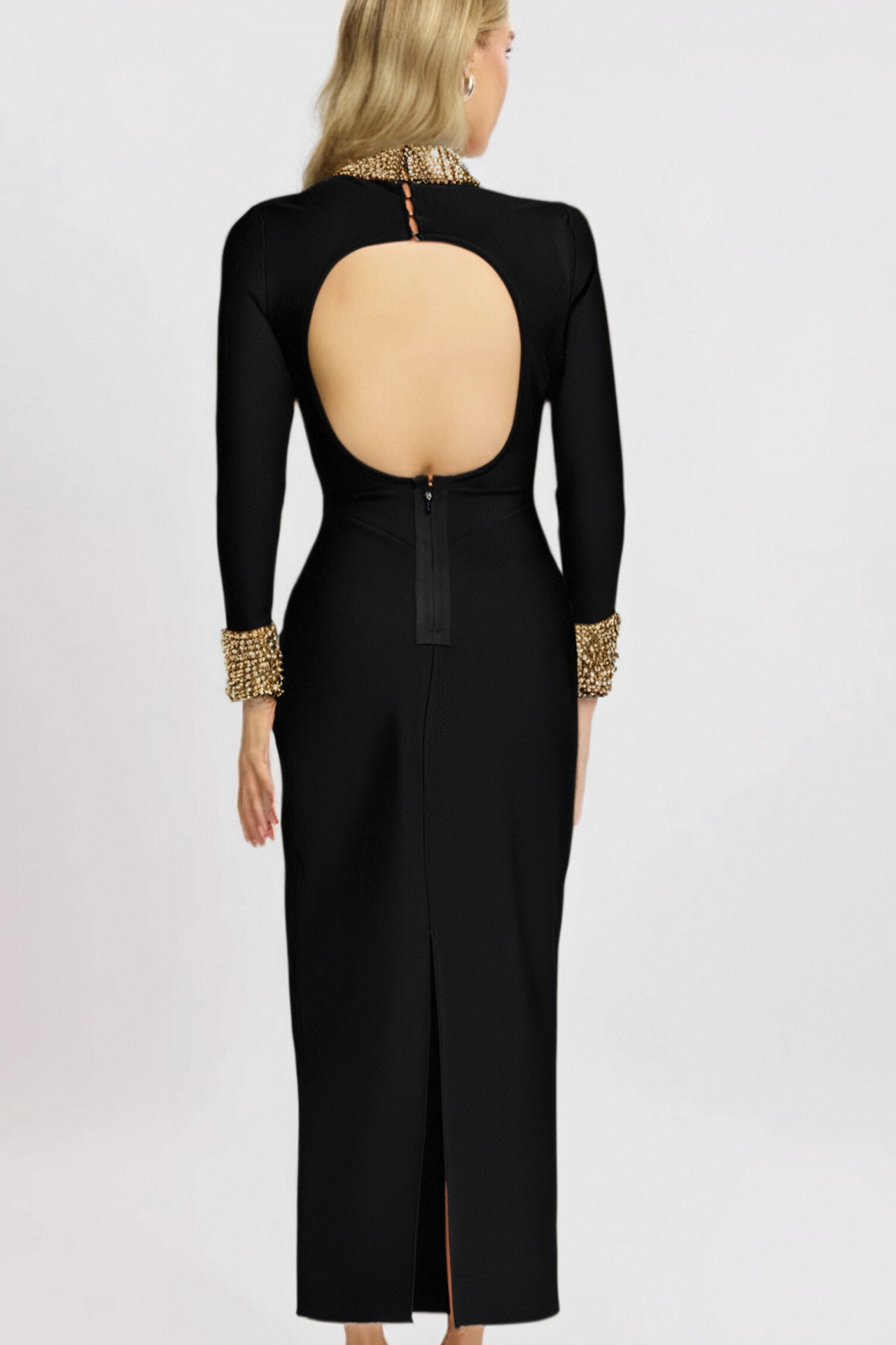 YVONNE LONG SLEEVE GOLD BEAD BANDAGE MIDI DRESS IN BLACK