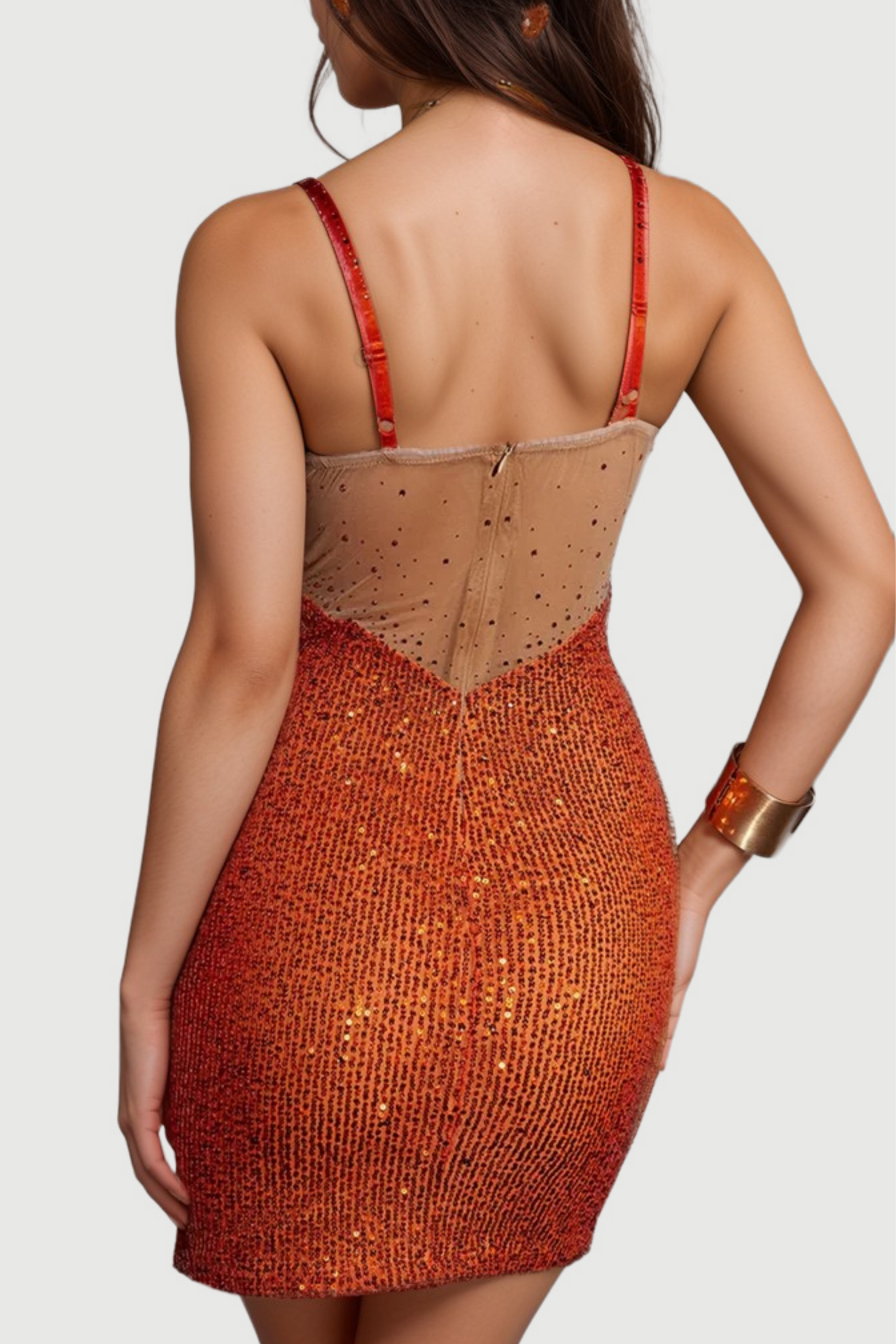SOPHIA ORANGE SPAGHETTI SEQUIN MINI DRESS