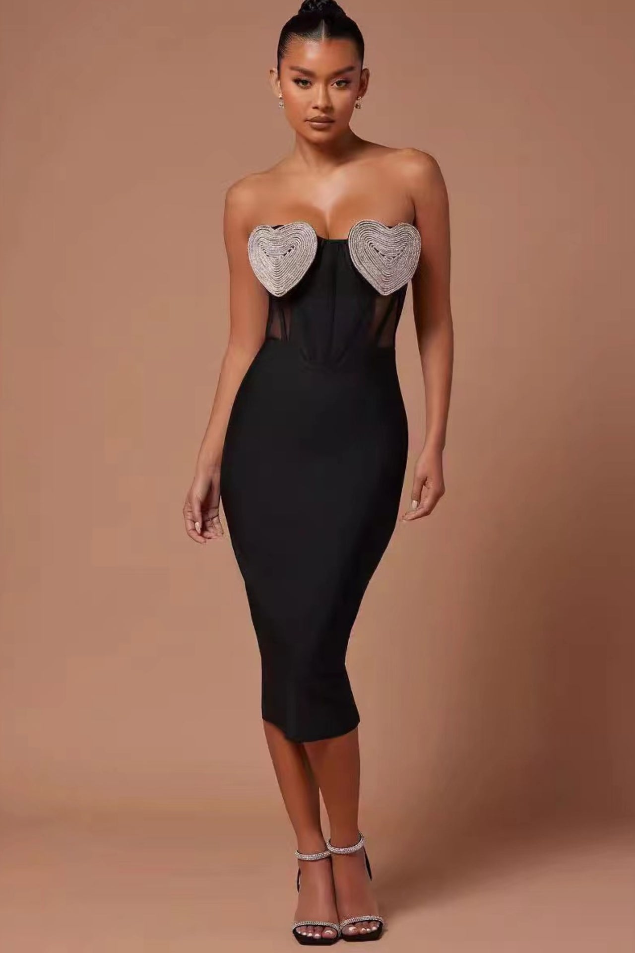 Embellished Strapless midi dress in black