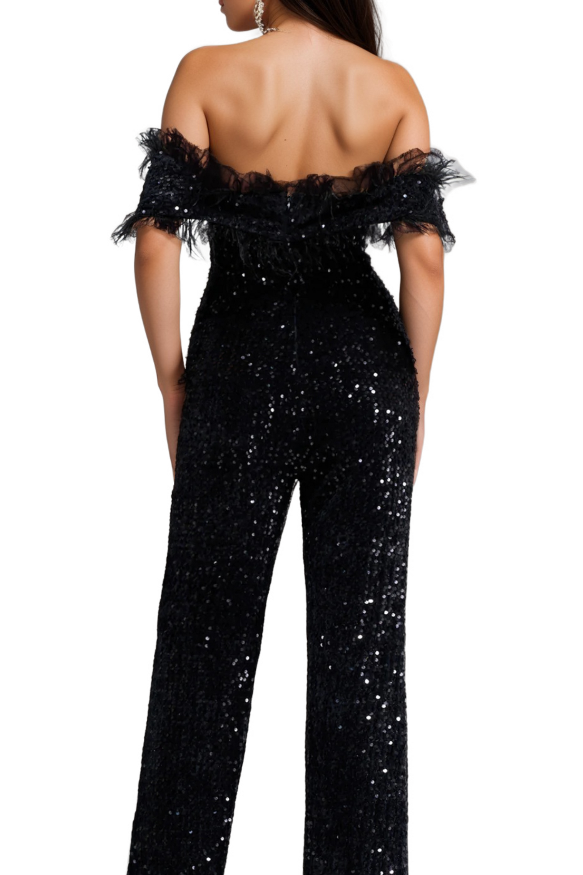 off-shoulder sequin jumpsuit in black