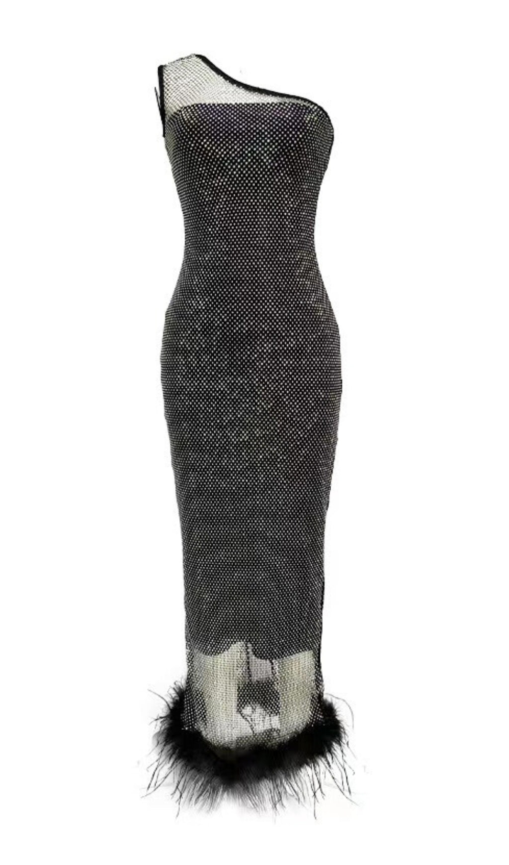 MESH DIAMOND FEATHER BANDAGE MAXI DRESS IN BLACK