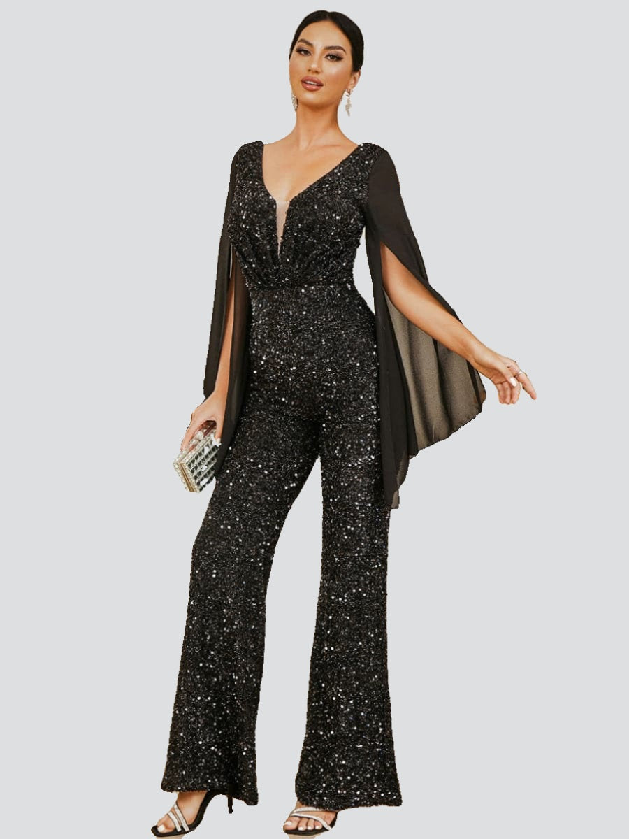 V-Neck Glitter Mesh Sleeve Jumpsuits