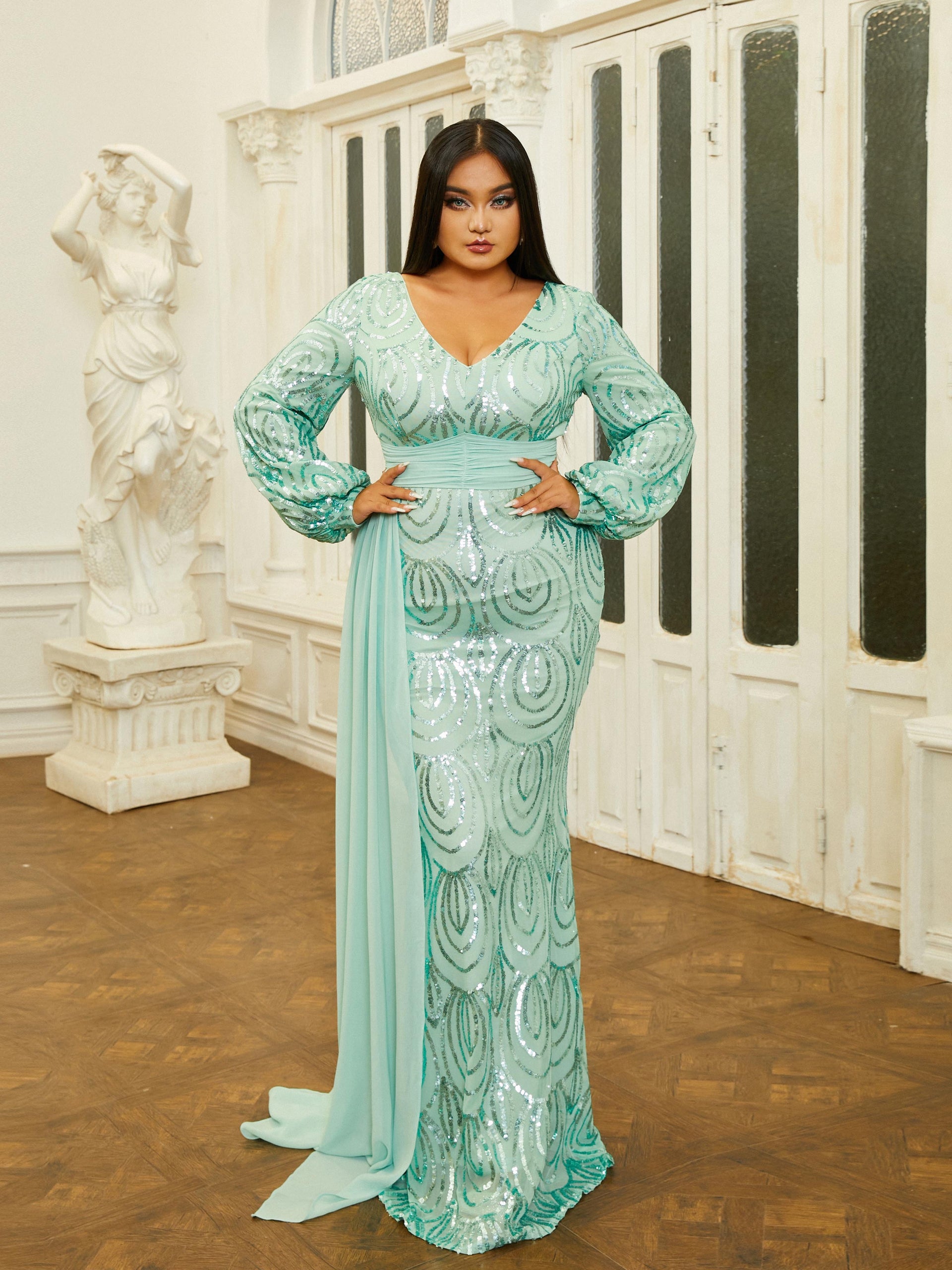 Formal Draping Sequin Long Sleeve Dress