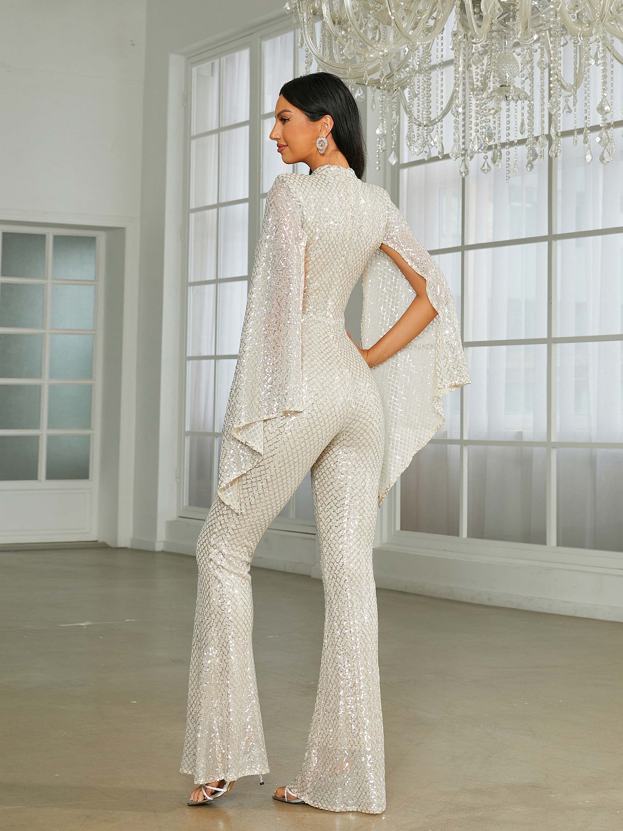 Stand Collar Cape Sleeve Sequin Jumpsuits
