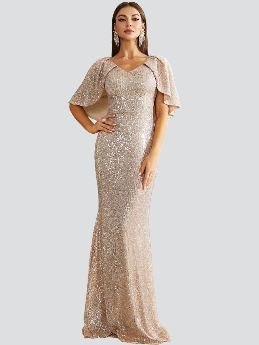 Puncho Back Puff Sleeve Sequin Evening Dress