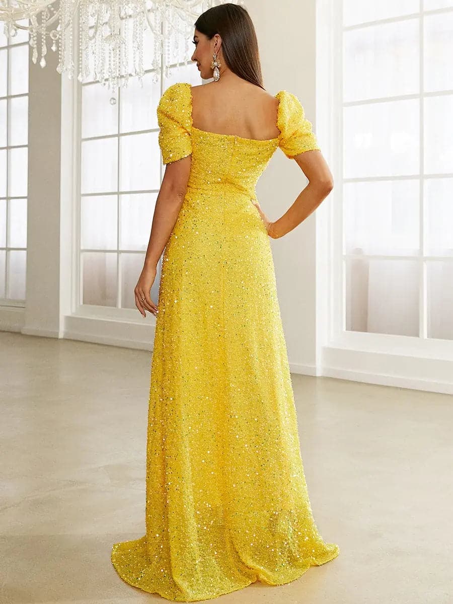 Light Yellow Puff Sleeve Sequin Maxi Dress