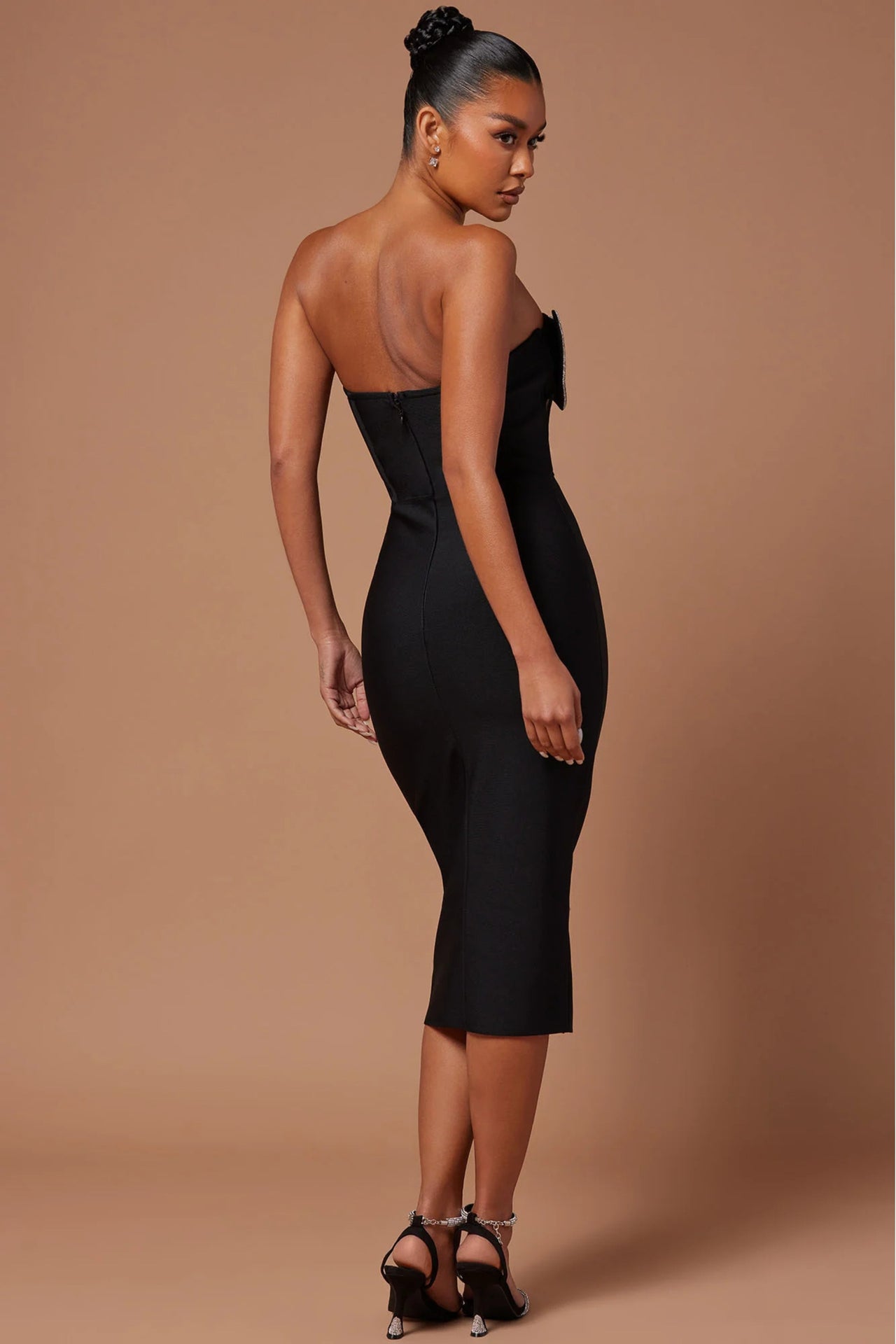 Embellished Strapless midi dress in black