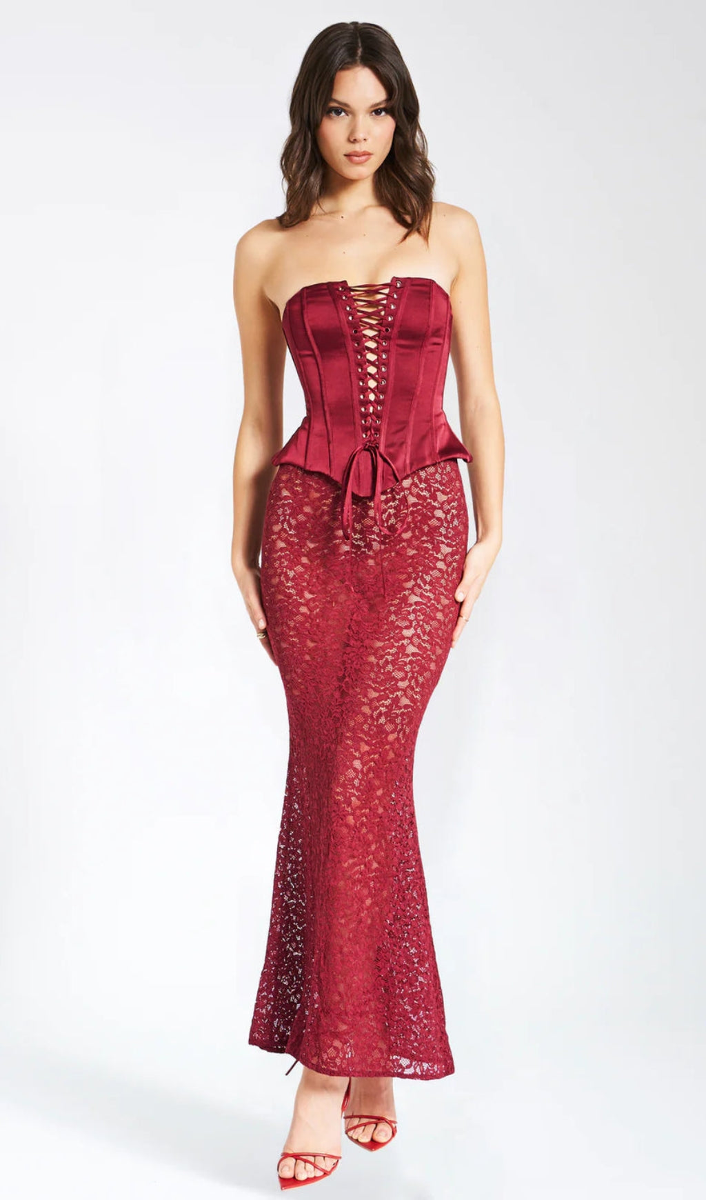 Burgundy Satin Lace Corset Maxi Dress