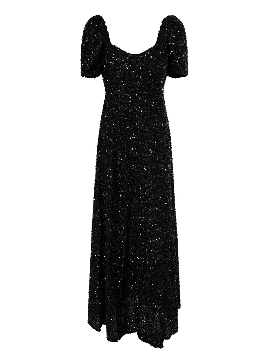 Light Yellow Puff Sleeve Sequin Maxi Dress