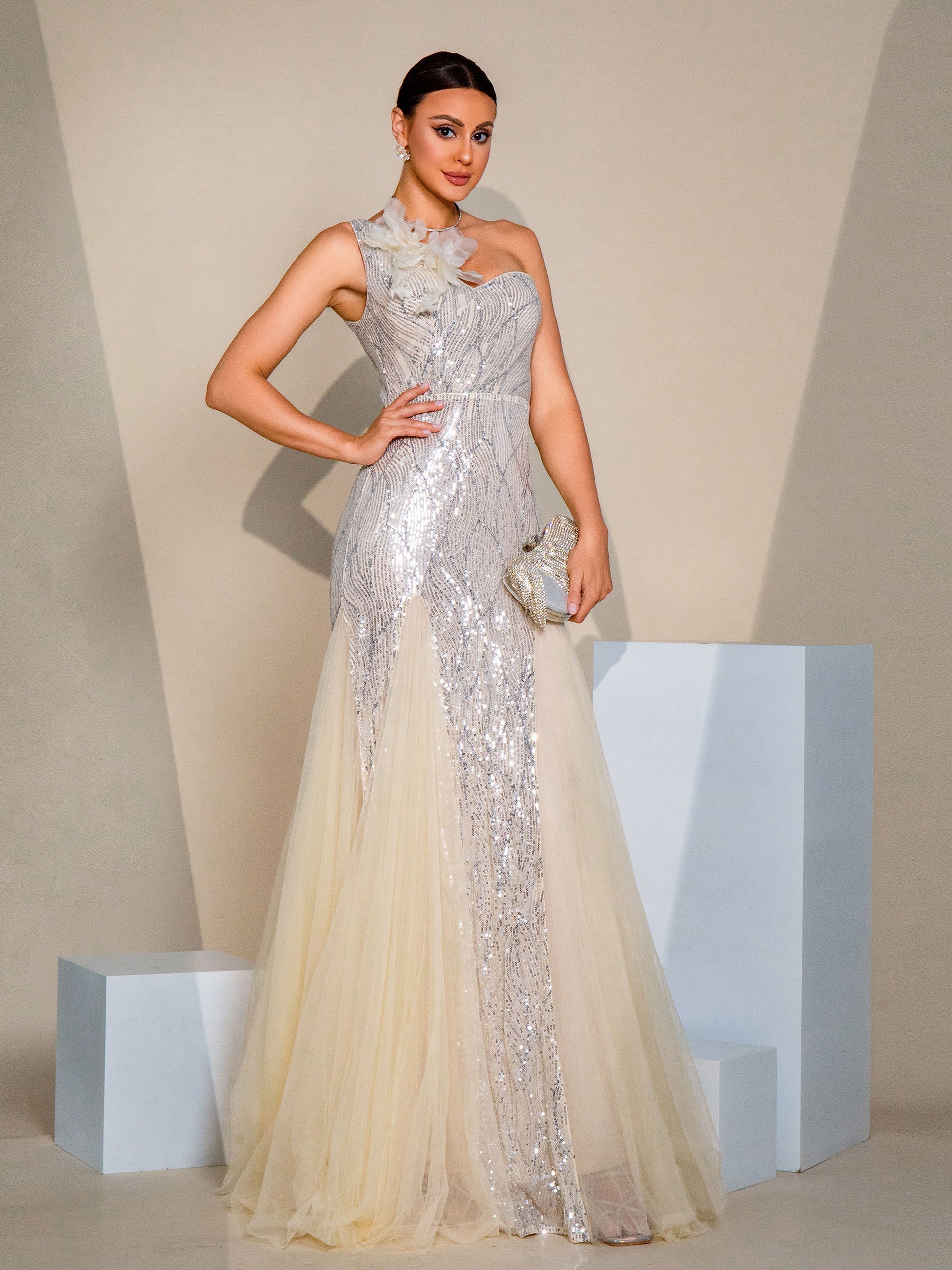 One Shoulder Applique Wedding Guest Dress