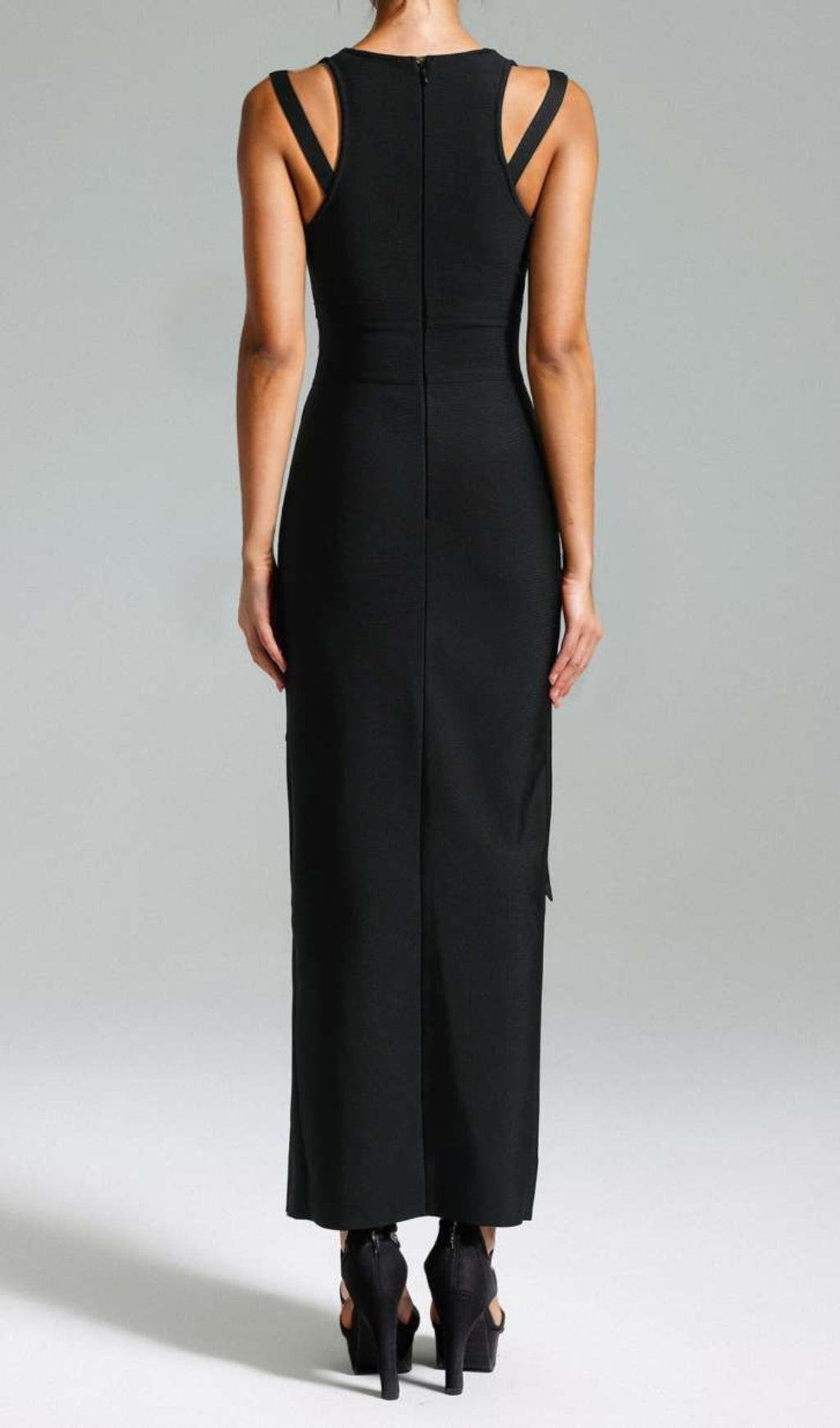 Lace-up V neckline midi dress in black