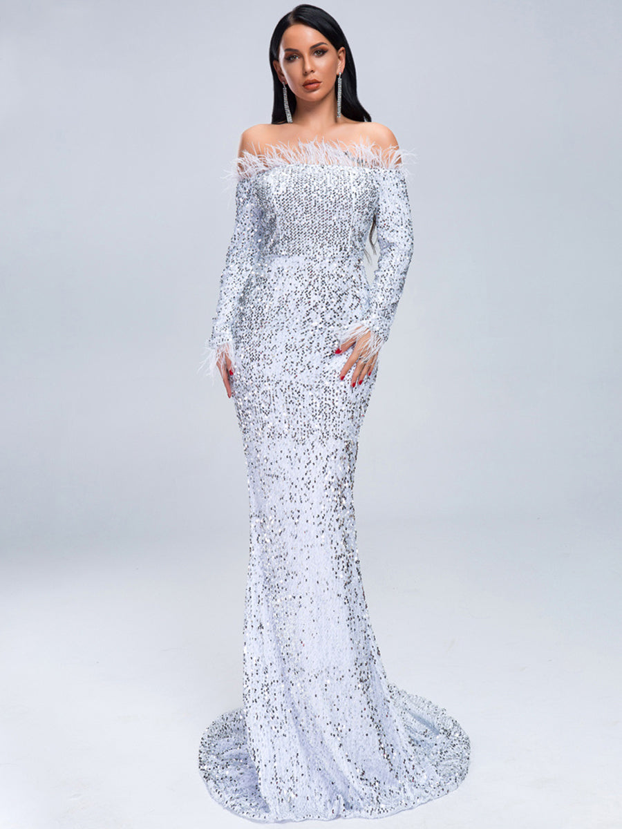 Off Shoulder Feather Sequin Evening Dress