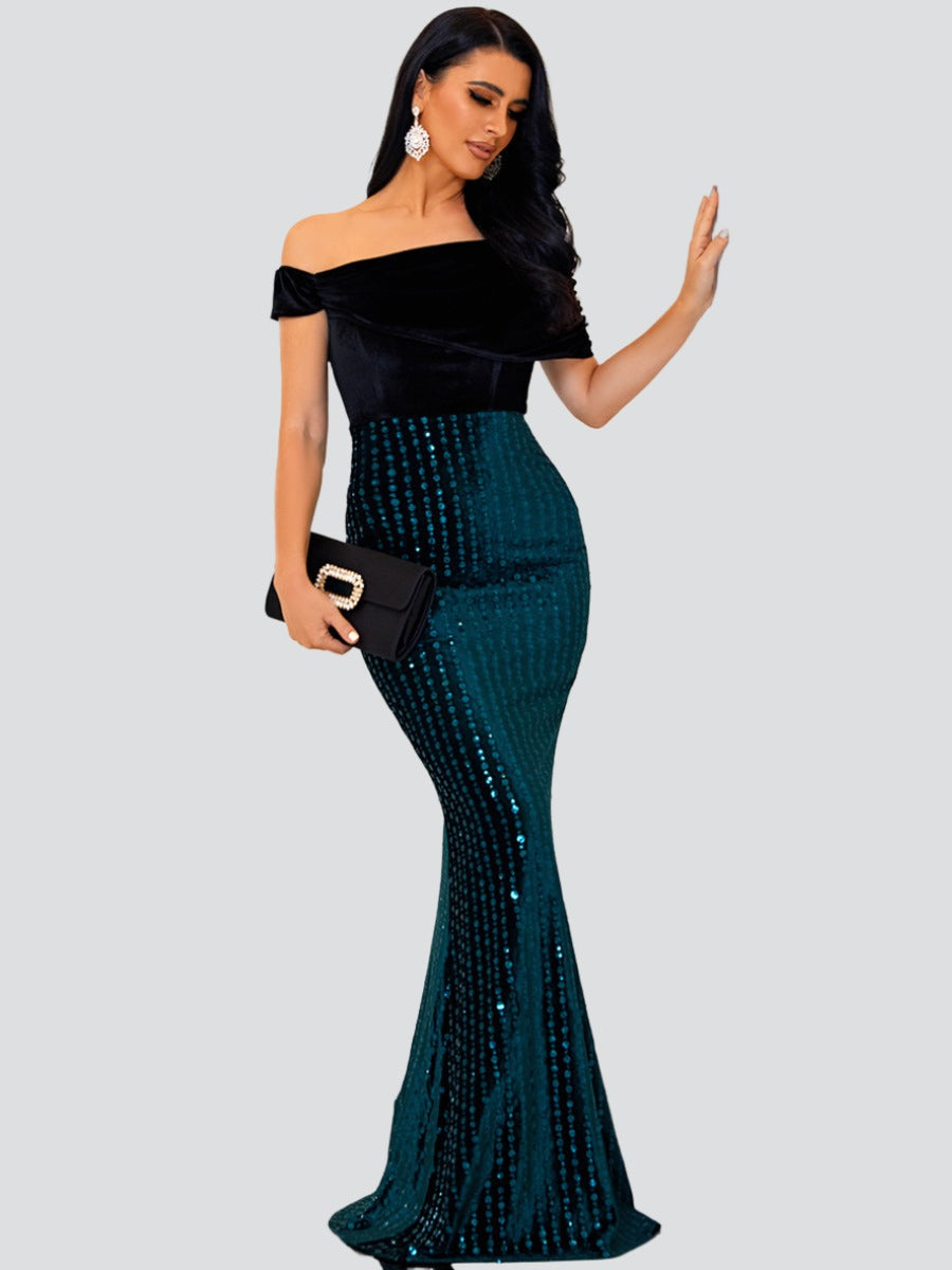 Off Shoulder Panel Sequin Formal Dress