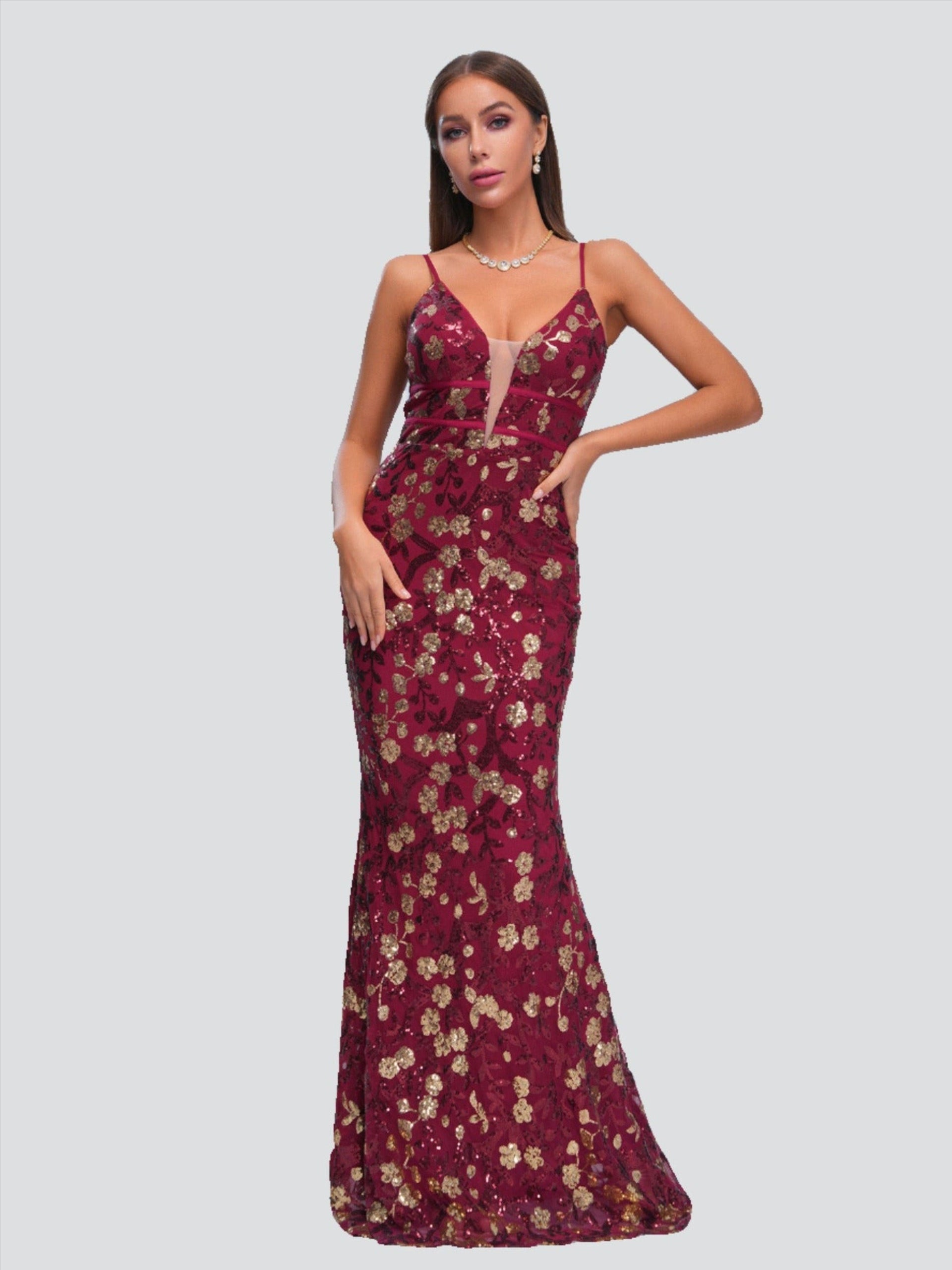 Spaghetti Straps Red Floral Sequin Dress