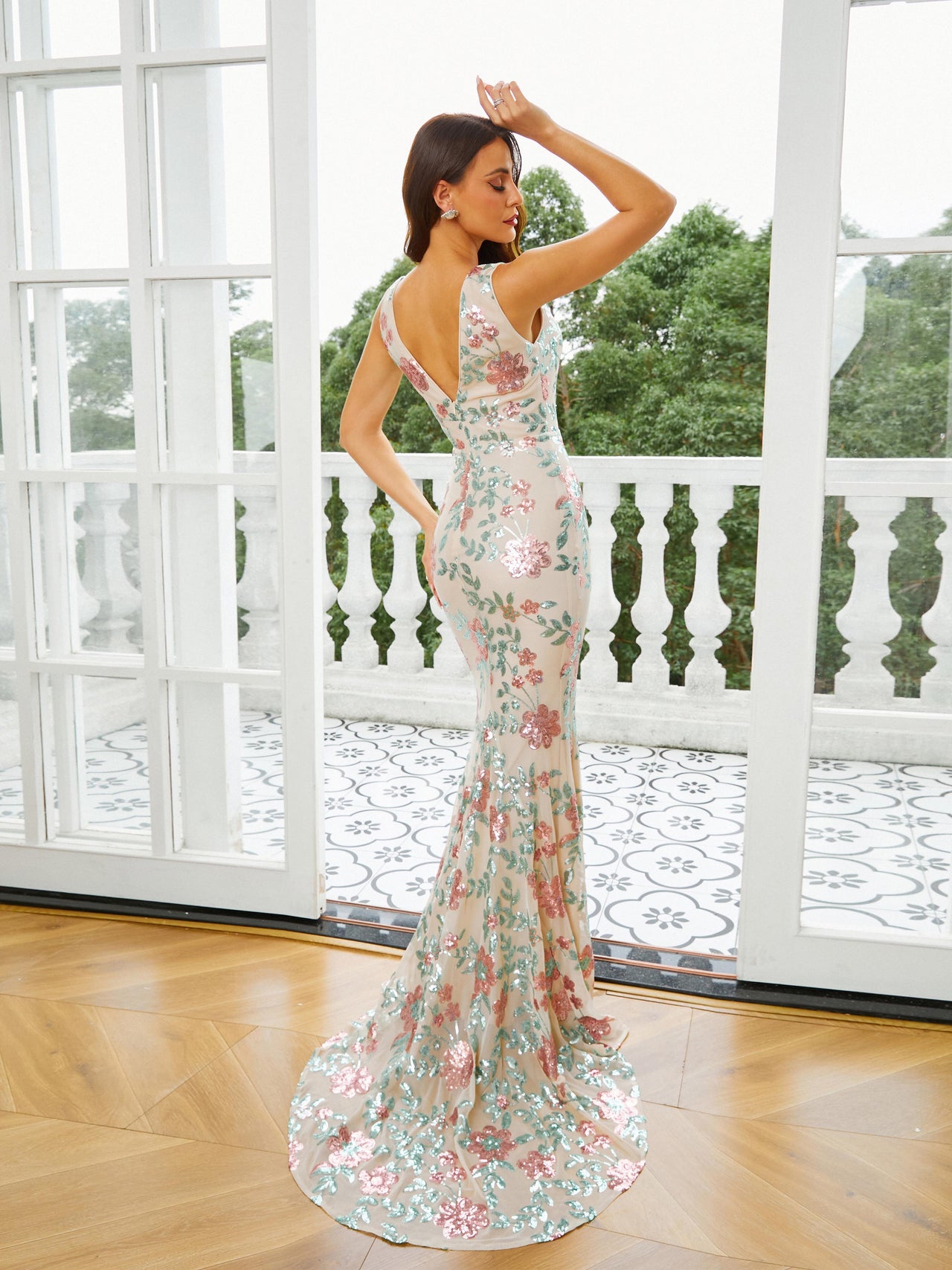 Floral V-neck Sequin Mermaid Prom Dress