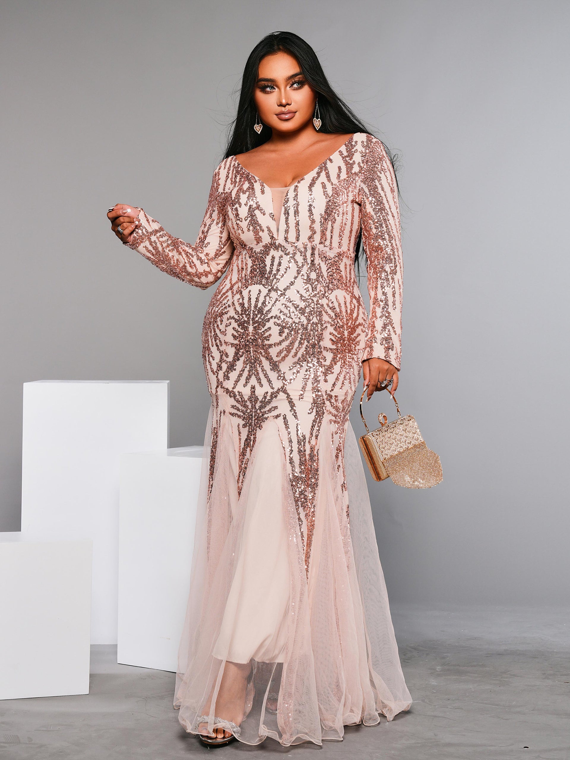 Plus Long Sleeve Sequin Prom Dress