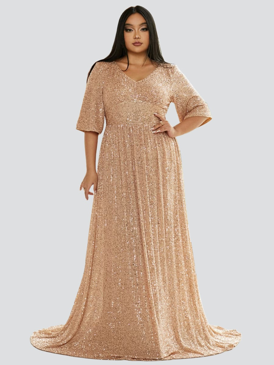 Plus V Neck Sequin Apricot Evening Dress