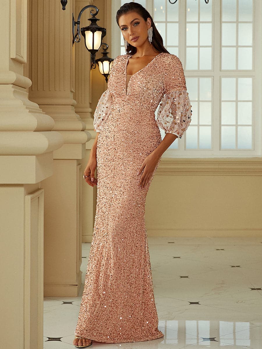 Lantern Sleeve Sequin Prom Dress