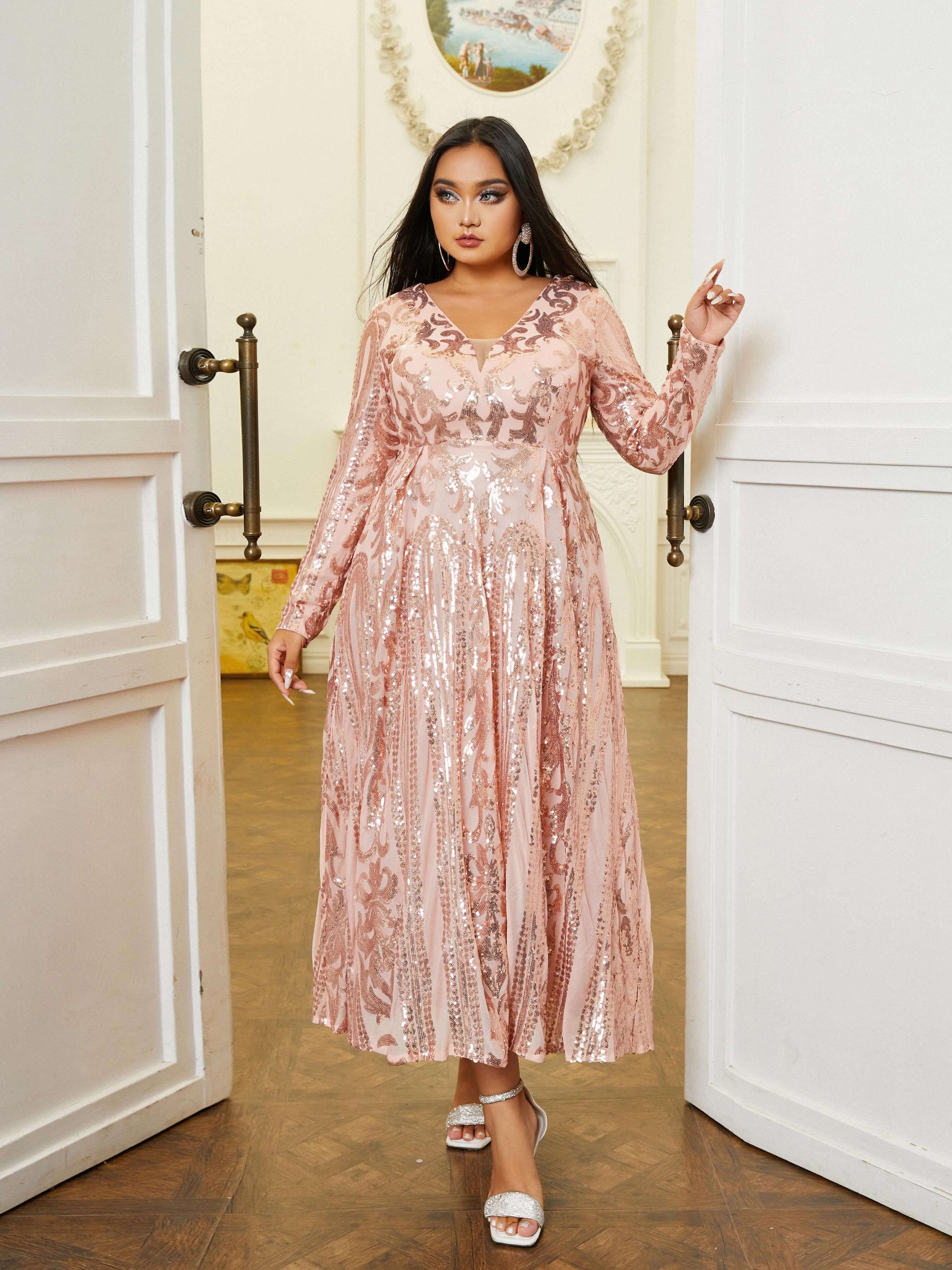 Plus V-neck Long Sleeve Sequin Dress