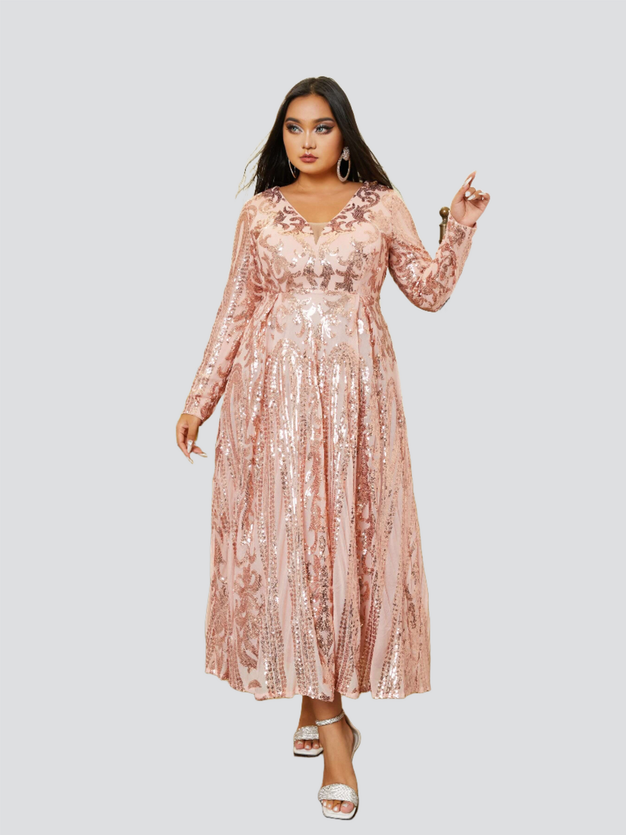 Plus V-neck Long Sleeve Sequin Dress