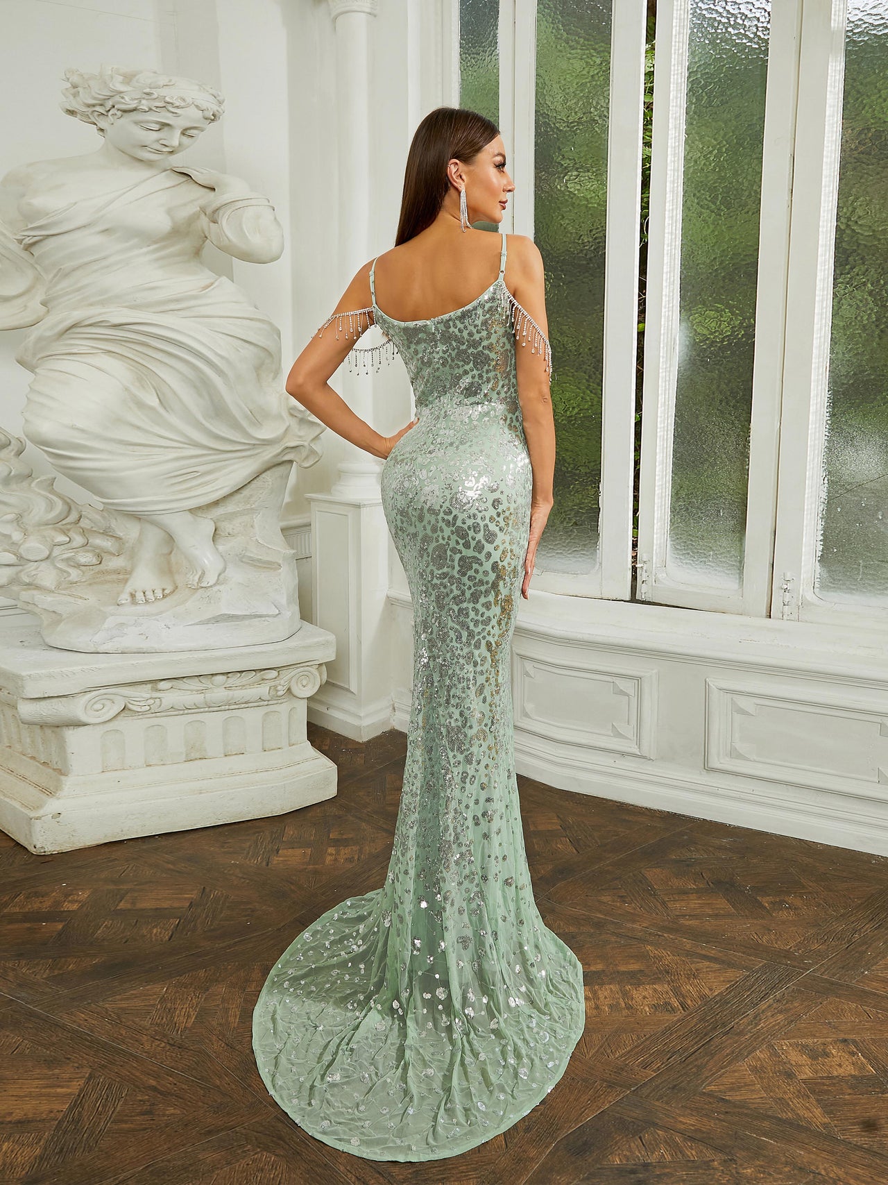 Spaghetti Beads Chain Sequin Evening Dress