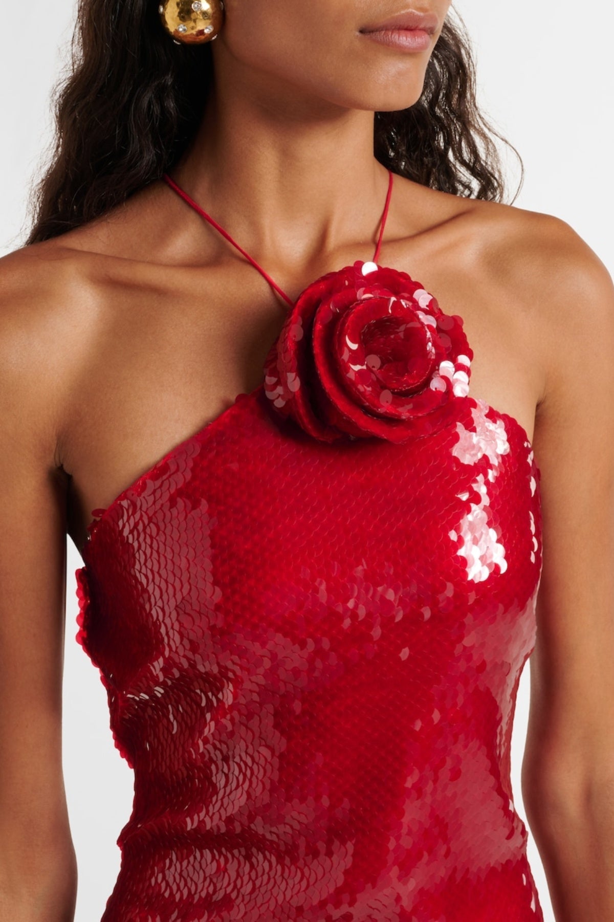 Cinwa Floral Appliqué Halter Sequin Mini Dress - Red